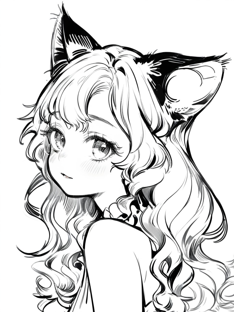 Best quality,masterpiece,official art,lineart,sketch,<lora:line2025 08:1>,lineart,1girl, monochrome, long hair, greyscale, animal ears, solo, simple background, bangs, wavy hair, cat ears, white background, bare shoulders, mouse, upper body, dress, looking at viewer, looking back, eyelashes,The illustration captures a profile view of a person with luxuriant, flowing hair, depicted in a monochromatic art style with a focus on strong contrasts and delicate shading, creating a three-dimensional effect. The subject appears to be in motion, suggested by the dynamic lines and movement within the hair. The perspective is a close-up, capturing the fine details of the hair and the subtle hints of the environment suggested by the visible shoulder and arm.