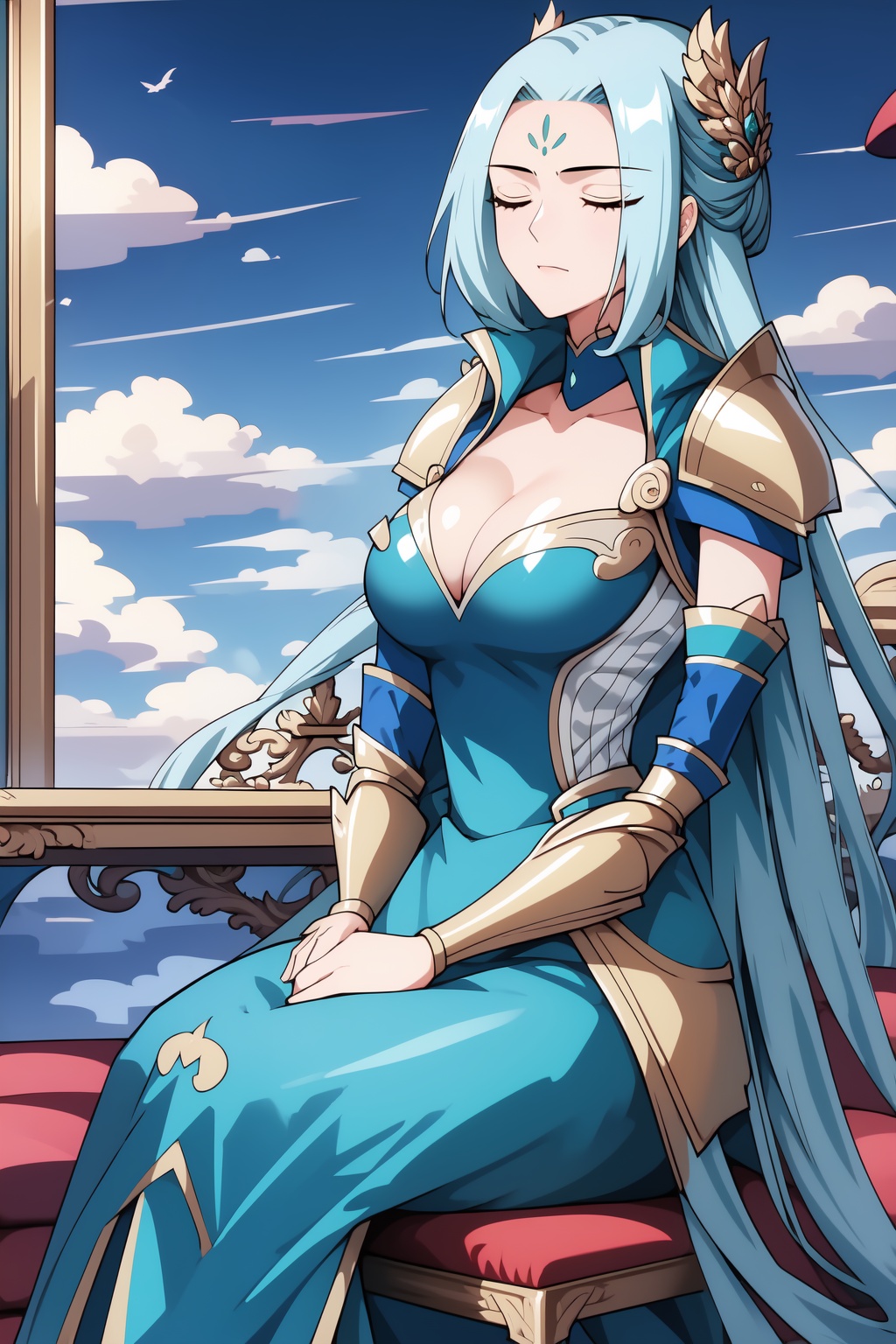 1girl,armor,blue dress,blue sky,breasts,cleavage,closed eyes,cloud,cloudy sky,curtains,day,dress,facial mark,hair ornament,indoors,long hair,sitting,sky,solo,table,very long hair,window,[[<lora:yunyun>]],glamor,mature_female,mature,<lora:add-detail-xl:0.8>,absurdres,[[[<lora:cutesexyrobutts_style_illustrious_goofy:1>]]],blue hair,