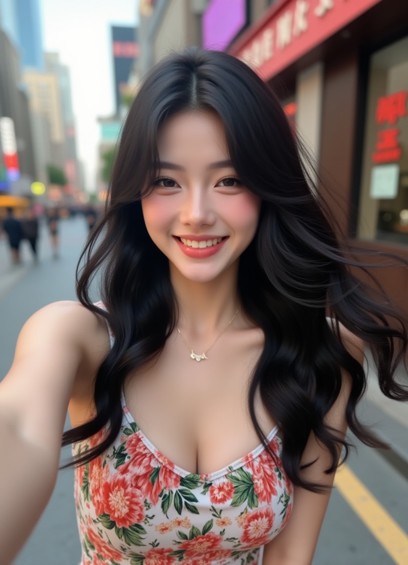 masterpiece,best quality,ultra high res,a hot girl in a floral dress with black hair taking a selfie on the street,showing a charming smile with pearly teeth,her eyes sparkling with joy,the hair flowing gracefully,her figure accentuated by the dress,surrounded by the vibrant urban landscape,natural light,soft focus,HDR,close-up shot,selfie perspective,cinematic framing,ultra detailed,Instagram style,