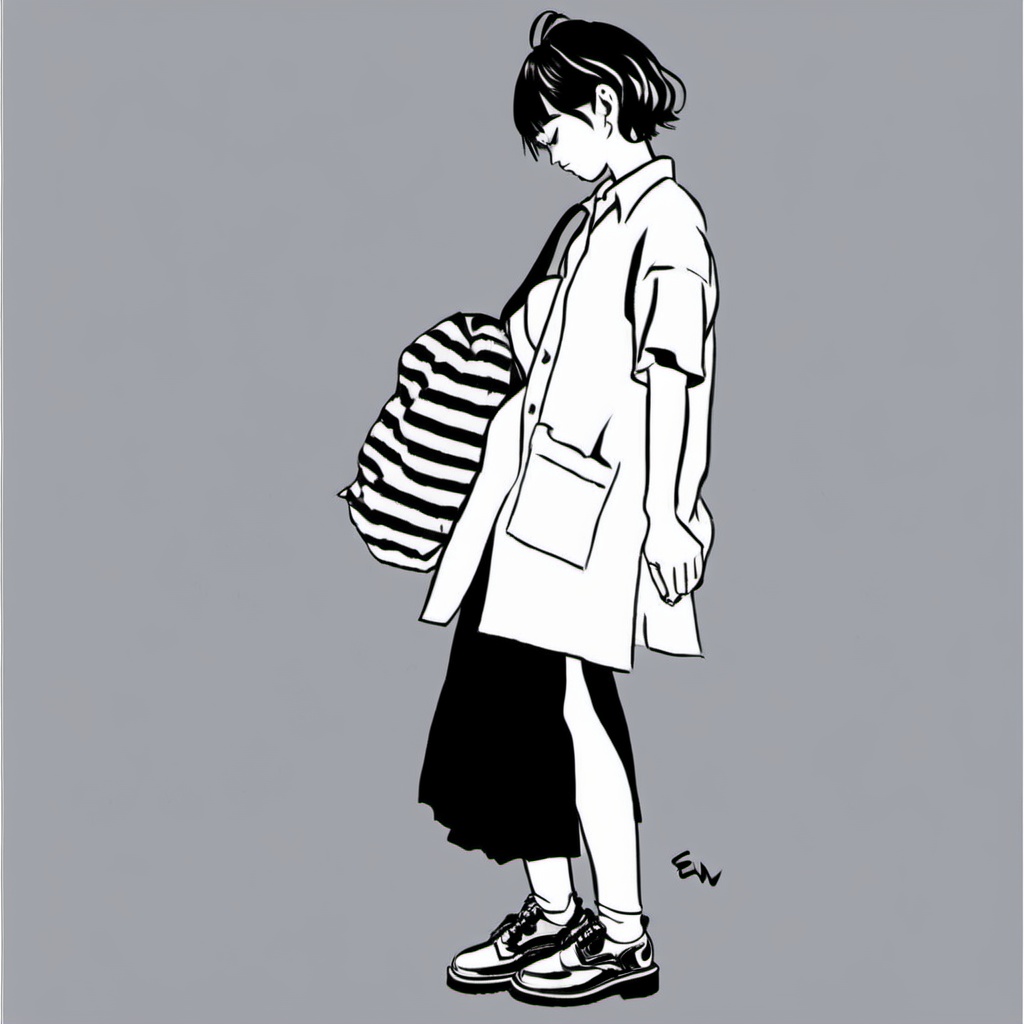 chahua, 1girl, greyscale, monochrome, solo, skirt, simple background, full body, short sleeves, bag, shirt, socks, closed eyes, white background, short hair, shoes, signature, standing, hand up, long skirt, shoulder bag, <lora:日系二次元人物_插画_V1.0XL:1>, masterpiece, best quality,