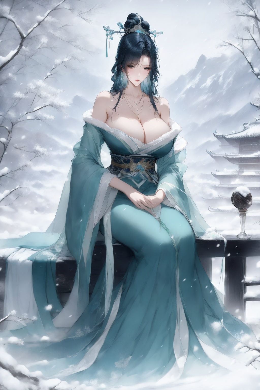 <lora:01陆嘉静第一版:1>,1girl,breasts,solo,jewelry,cleavage,necklace,bare shoulders,dress,black hair,hair ornament,long hair,sitting,large breasts,chinese clothes,hanfu,snow,hair bun,off shoulder,blurry background,long sleeves,hair stick,wide sleeves,blue dress,single hair bun,blurry,sash,closed mouth,looking at viewer,snowing,earrings,