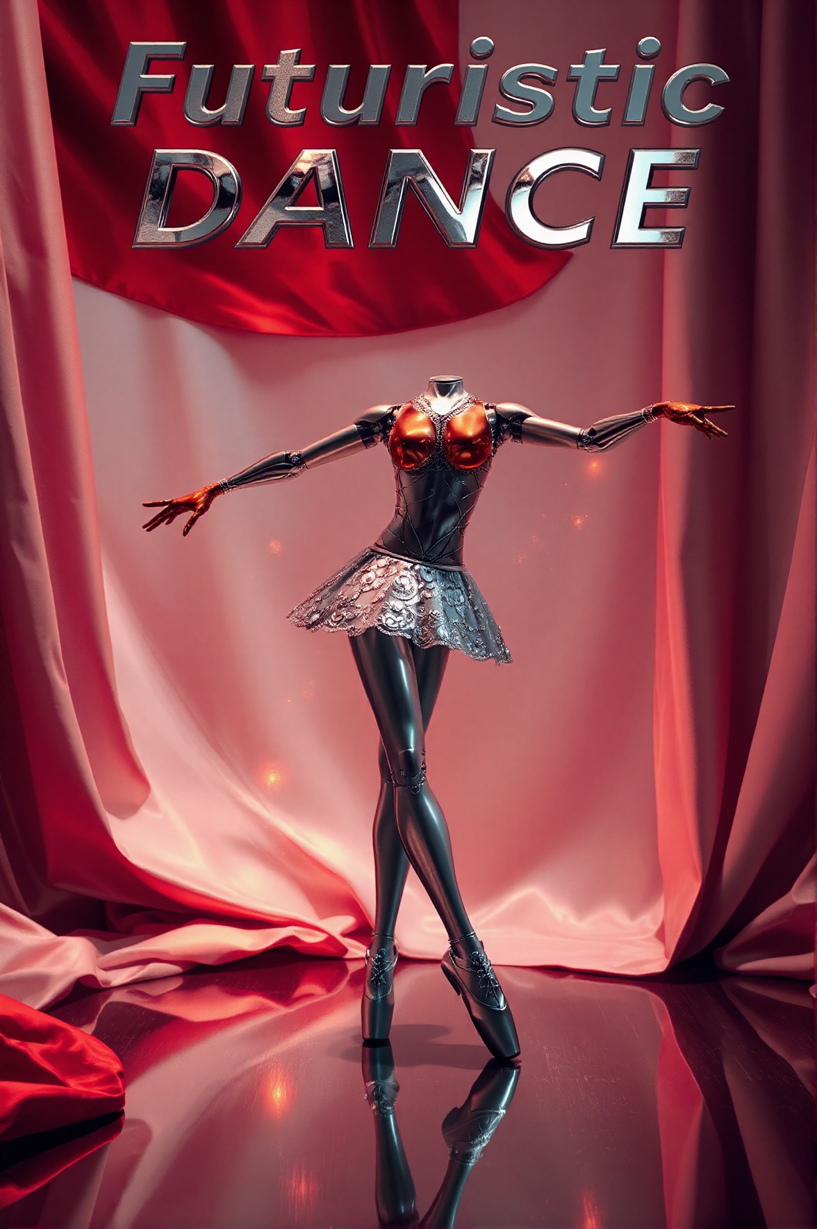 Text letters and words that says "Futuristic Dance" in sleek metallic font above a graceful robot ballerina in a balanced...