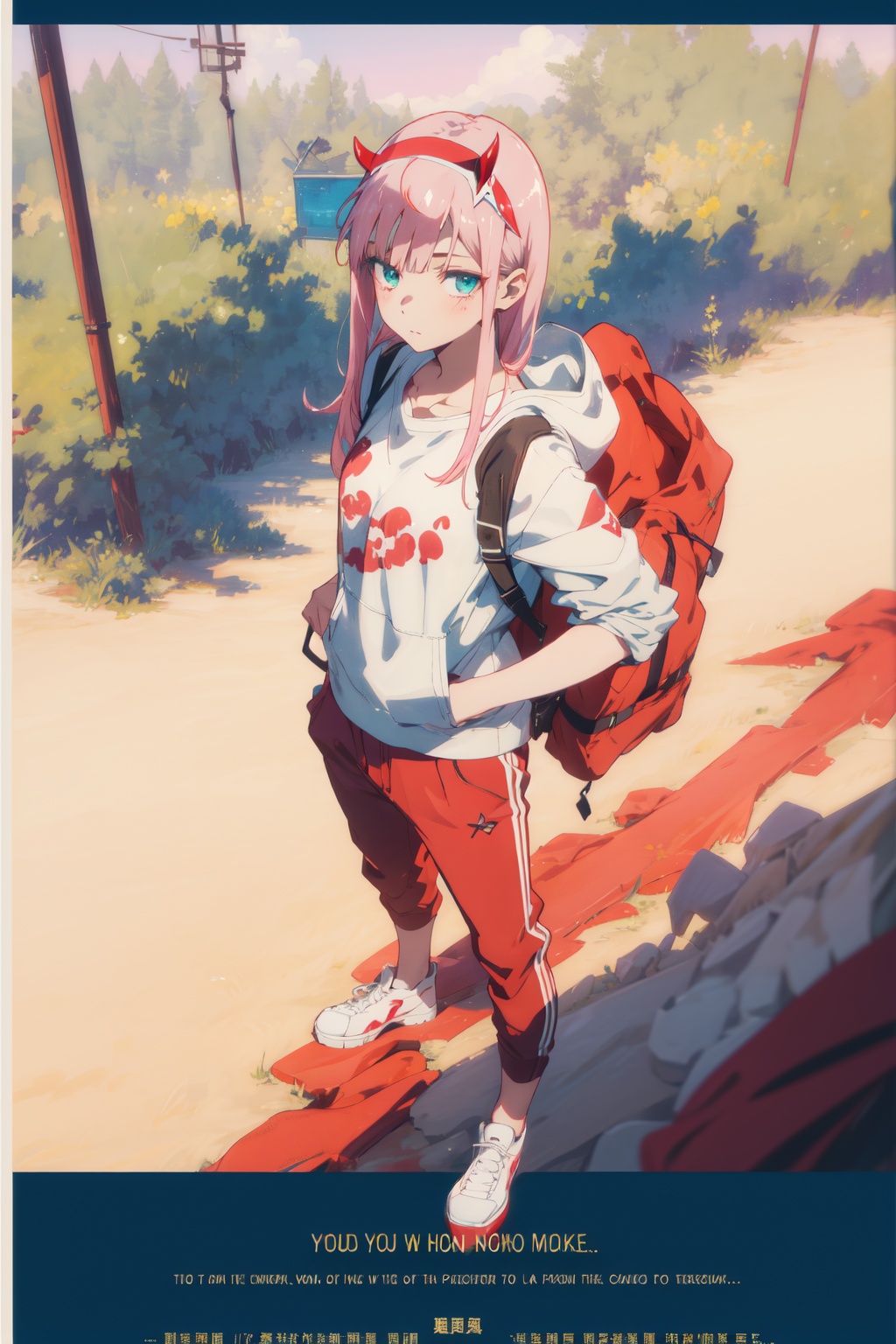 1girl,looking at viewer,solo,anime coloring,long hair,pink hair,straight hair,bangs,white hairband,horns,green eyes,eyeshadow,02_CYQL,<lora:02:0.8:lbw=MIDD>,Graphic hoodie, joggers, sneakers, bucket hat, backpack,(expressionless wariza full_shot from_above:1.1),beautiful face,beautiful eyes,glossy skin,shiny skin,Pond, Garden, Koi fish, Bridge, Reflection, Serenity, Zen, Stones,Desert wildflowers, Arid landscape, Desert bloom, Colorful desert, Springtime explosion, Desert oasis,beautiful detailed sky,beautiful detailed glow,(movie poster:1.2),(border:1.3),(English text:1.4),posing in front of a colorful and dynamic background,masterpiece,best quality,beautiful and aesthetic,contrapposto,female focus,fine fabric emphasis,wallpaper,fashion,depth of field,intricate_detail,finely_detailed,fine_fabric_emphasis,glossy,<lora:增强减少细节add_detail:0.4>,