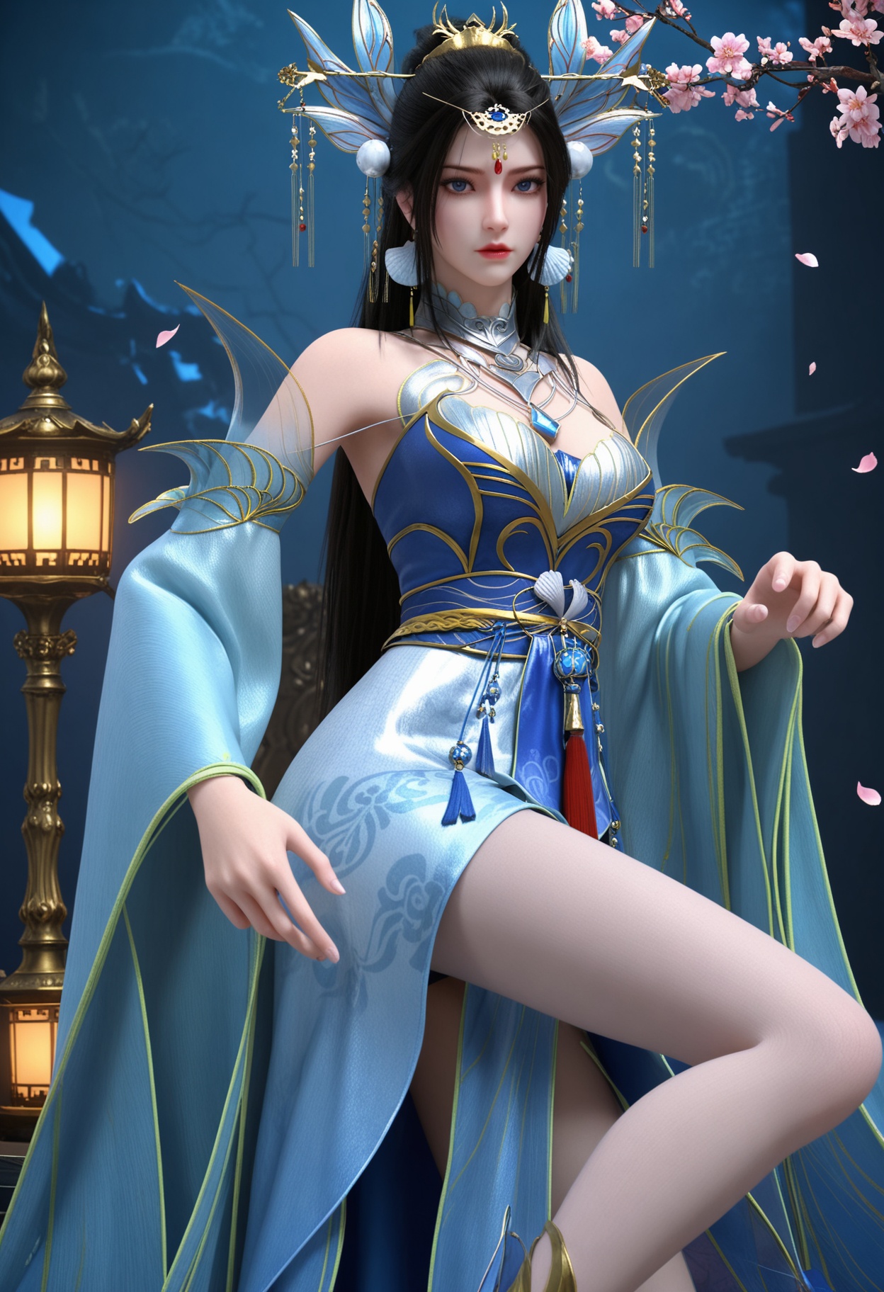 (upper_body:1.2),(looking at viewer:1.1),masterpiece,(best quality),smog,Dark room,dim lighting,peach blossom,falling petals,<lora:YQ_Illustrious光辉v5_楚宣_V1:0.8>,q1528437228,1girl,solo,hair ornament,black hair,long hair,jewelry,dress,earrings,blue dress,chinese clothes,detached sleeves,blue eyes,sash,necklace,high heels,hair bun,tiara,blue footwear,brown hair,forehead mark,wide sleeves,long sleeves,pantyhose,ponytail,detached collar,collar,thighs,gold footwear,