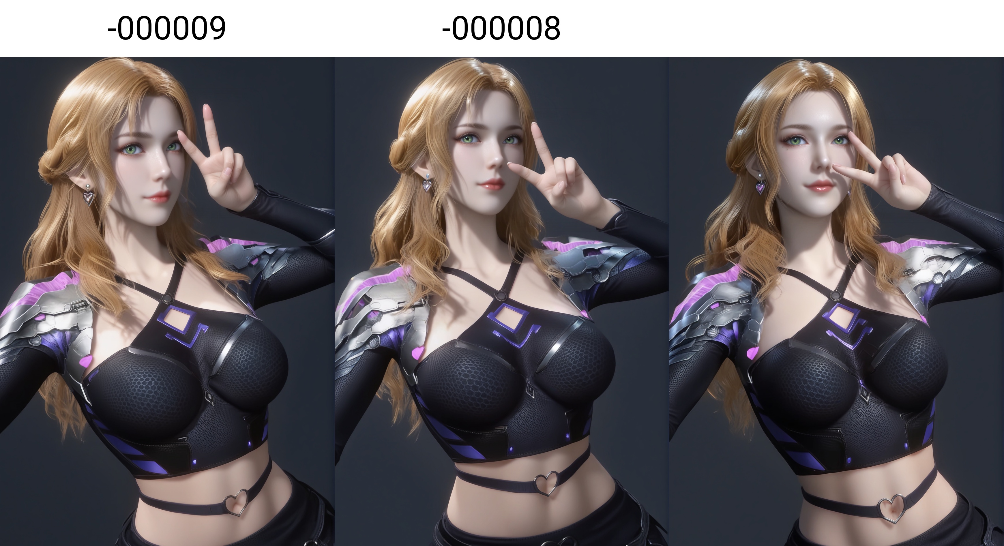 (score_9),upper body,<lora:珍妮特-apony-000009:0.83>,znt,1girl,solo,long hair,blonde hair,earrings,green eyes,braid,mole under eye,crop top,belt buckle,shoulder armor,midriff,black skirt,navel,groin,groin tendon,<lora:perfect eyes_v1:0.8>,light blush,Expressiveh,<lora:Expressive_H-000001:0.8>,collarbone,(glamor:1.2),curvy,BREAKlooking at viewer,selfie,v sign,closed mouth,<lora:e肤色滑块:0.5>,fair_skin,(pale_skin),(white skin),<lora:e色温:0.35>,light skin,BREAKsimple background,grey background,ultra-detailed skin texture,detailed textures,4K ultra HD,sharp focus,high detail,natural lighting,high contrast,hearts,<lora:SDS-XL泛光调节器_v1.0:1>,Volumetric Lighting,Tyndall effect,