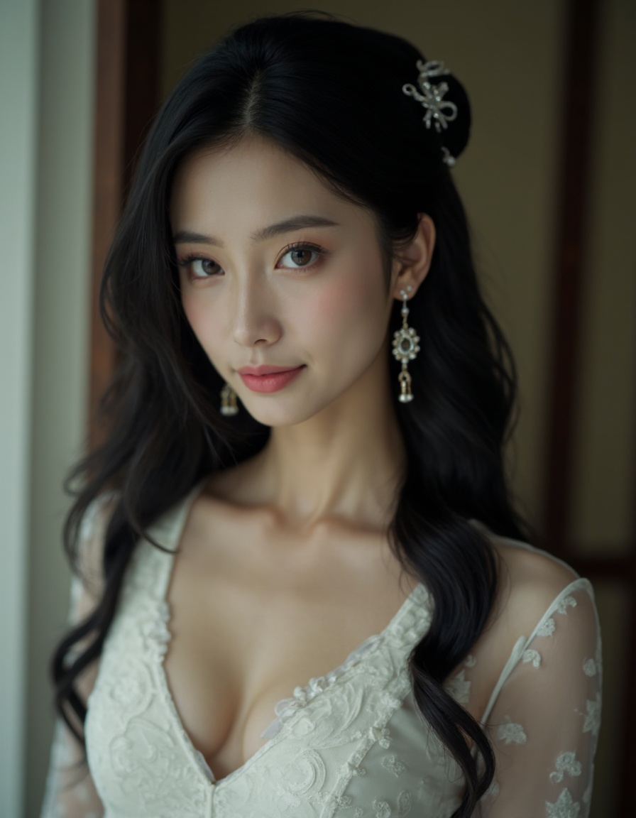 HDR photo of cinematic film still 1girl, solo, jewelry, long hair, realistic, earrings, looking at viewer, black hair, upper body, hair ornament, white dress, breasts, dress, cleavage, closed mouth, simple background, lips, brown eyes, chinese clothes, see-through, long sleeves . shallow depth of field, vignette, highly detailed, high budget, bokeh, cinemascope, moody, epic, gorgeous, film grain, grainy . High dynamic range, vivid, rich details, clear shadows and highlights, realistic, intense, enhanced contrast, highly detailed