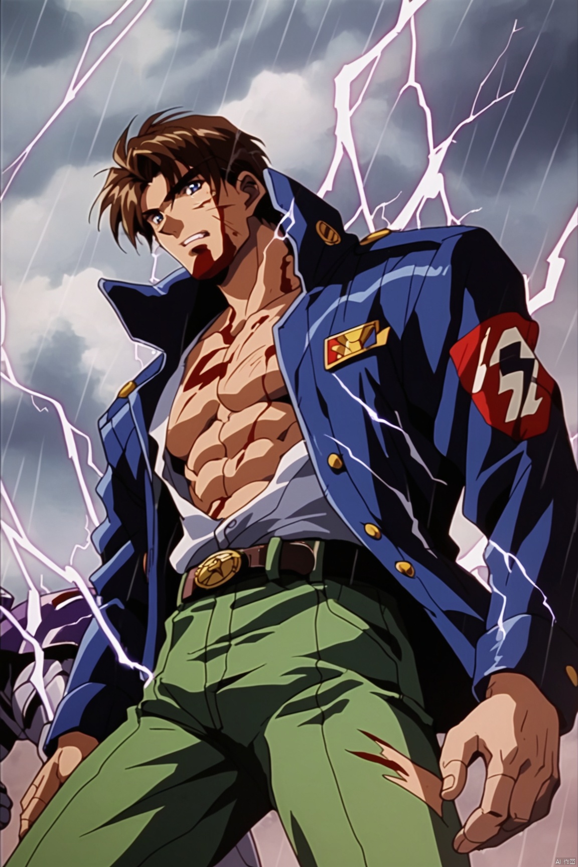 score_9,score_8_up,score_7_up,score_6_up,retro artstyle, 1980s (style), male focus, lightning, brown hair, 1boy, blue eyes, jacket, rain, electricity, open clothes, robot, blood, science fiction, cloud, belt, pectorals, injury, cyborg, multiple boys, retro artstyle, mecha, muscular, sky