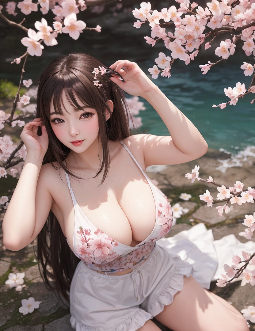 realistic, masterpiece, (,1girl, pov,best quality, ) , (,1girl, solo, large breasts, looking at viewer, cherry blossoms, )  <lora:Amy202010Halloween:0.6>