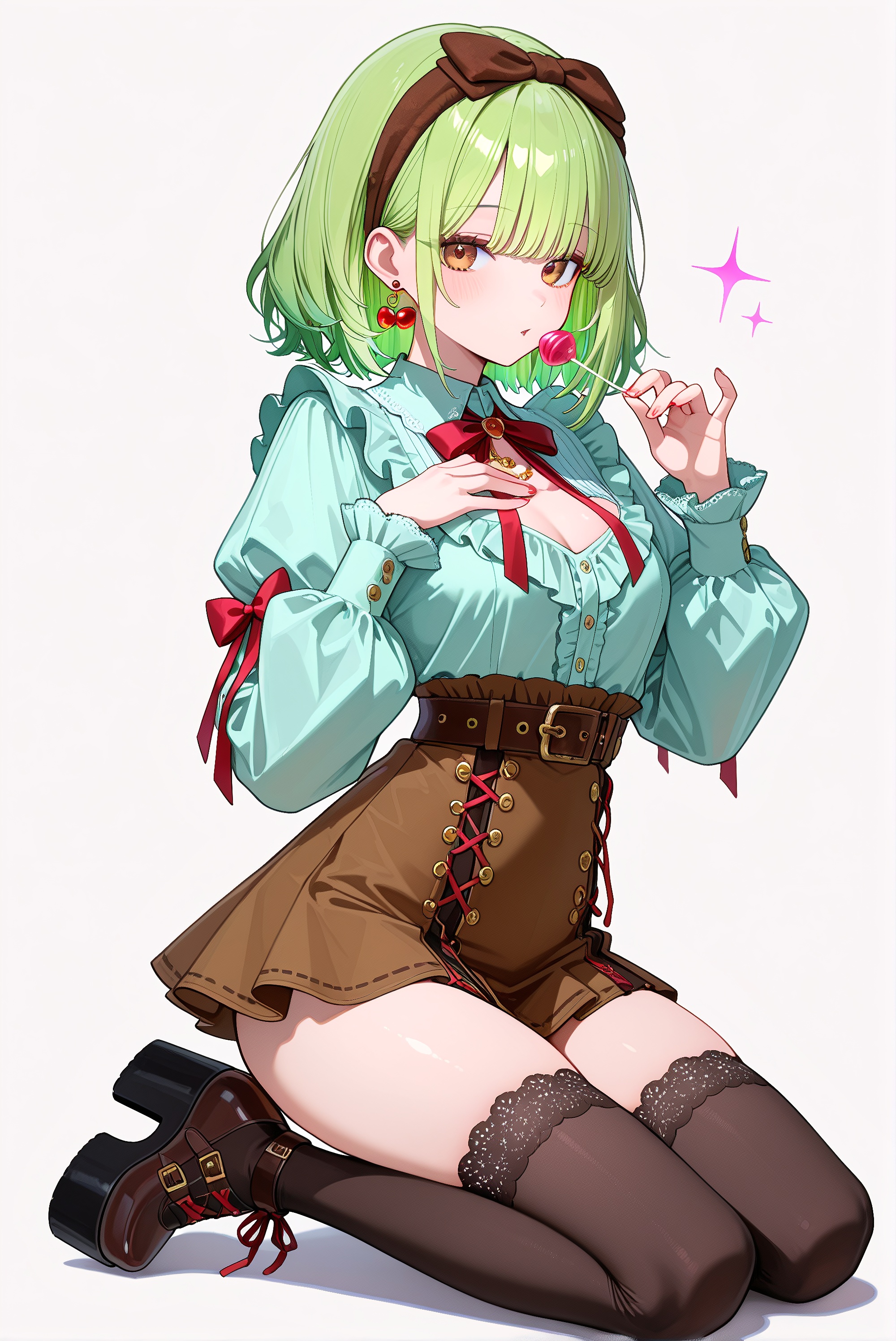 An illustrated fashion piece shows a girl with long emerald - green hair, a reddish - brown headband, and cherry - shaped earrings. She’s in a blue - and - white top with puff sleeves, featuring crisscross straps and reddish - brown ruffled trim at the chest. A reddish - brown mini skirt, cinched by a wide belt and flared at the hem, pairs with her top. Knee - high socks with red bows and platform shoes finish the ensemble. Kneeling, she holds a lollipop near her chest, radiating a sweet yet alluring aura that blends vintage charm with modern trends.