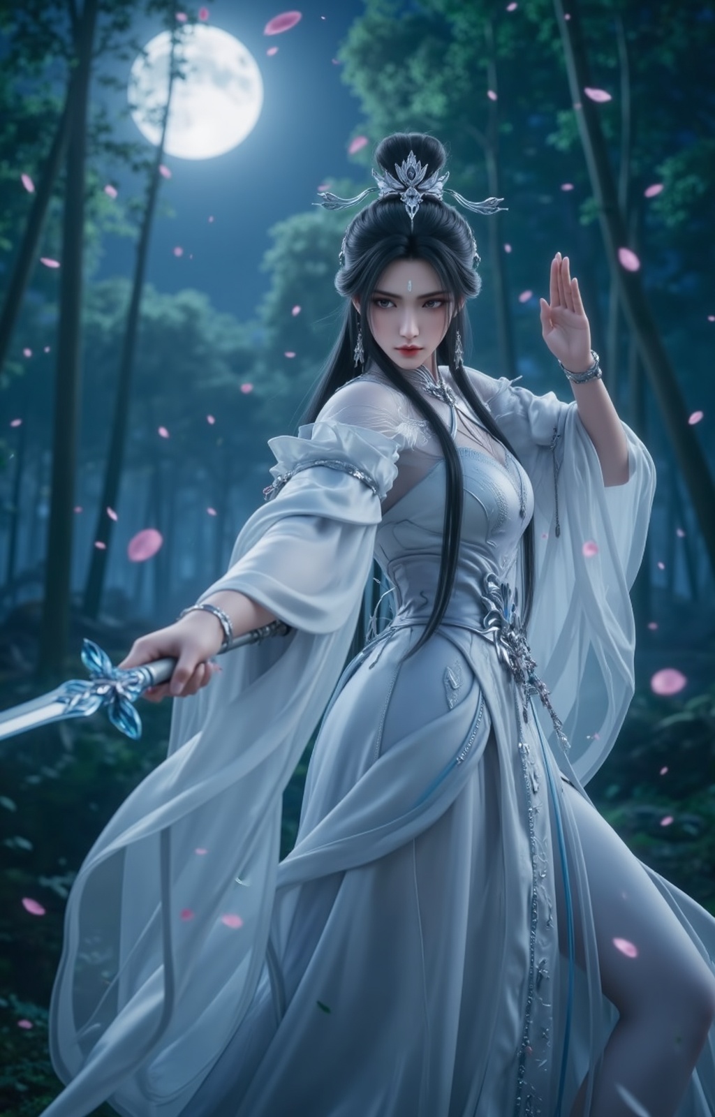 <lora:陆师姐10:0.8>,luxueqi,a stunning beauty,wearing white dress,china_dress,hanfu,exquisite headdress,white skin,eyebrow mark,black hair,long hair,hair_bun,grey eyes,holding a sword,make the move of swinging a sword,in the background is a dense forest,the bright moon hangs high in the air,plenty of leaves and petals flying in the wind,<lora:时尚滤镜10:0.2>,Close-up details,outstanding style,adding a touch of dimension to your images without compromising details,close-up,
