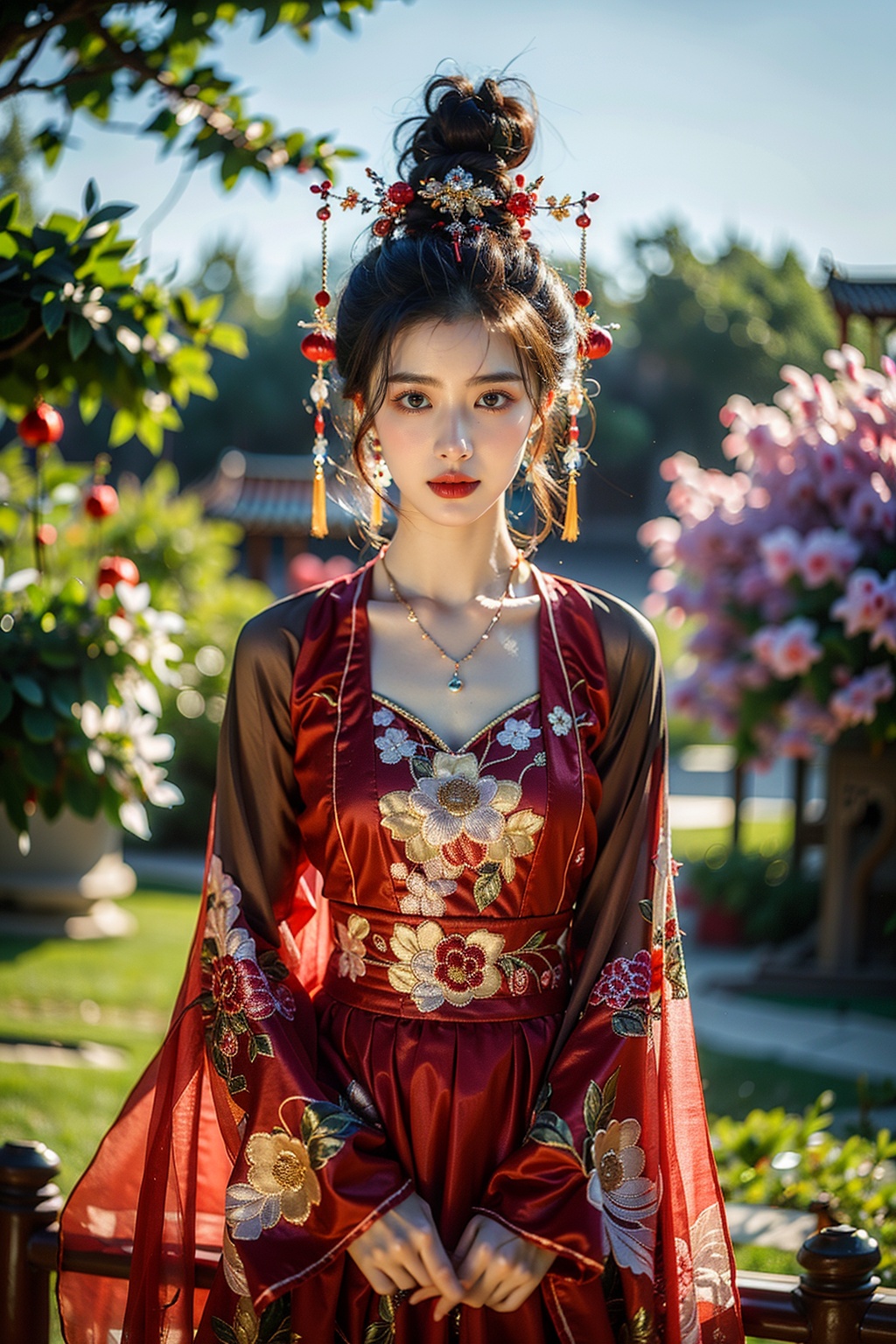 masterpiece, best quality, realistic, 1girl, gufeng style, solo, looking at viewer, black hair, hair ornament, jewelry, earrings, necklace, hair bun, blurry, lips, chinese clothes, cowboy shot, realistic, red lips, outdoors, day, sky, cloud, tree <lora:GufengBD-000016:0.7>