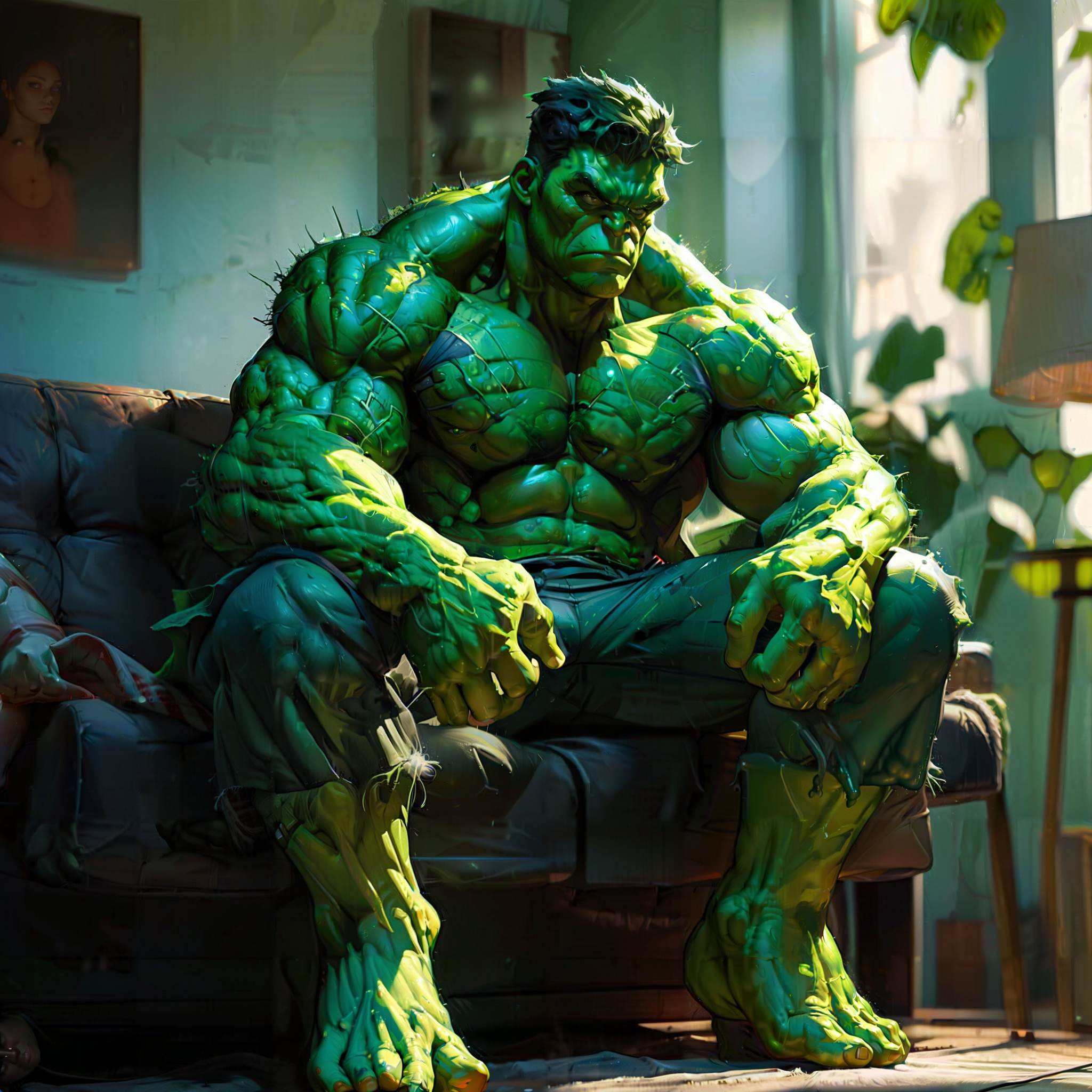 Full body green hulk,  chilling on a couch,  inspired by Alessio Albi on Tensor.Art