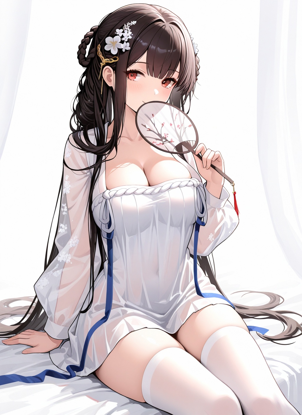 <lora:yat_sen_IL_v1.0:1>,yat sen \(paragon of celestial grace\) \(azur lane\),hanfu,white thighhighs,holding fan,covering own mouth,smile,sideways glance,looking at viewer,sitting,, masterpiece,best quality,