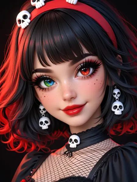 score_9, score_8_up, score_8, score_7_up, score_7, 1girl, 25yo, (heterochromia eyes, red eyes, yellow eyes, green eyes, blue eyes:1.5), medium breasts, black hair, fringe, side bangs, black hair streaks, red headband, white skin, skull ornament, red bow, black top, fishnet top, black fabric, freckles, star freckles, looking down, red lipstick, glossy lips, smile, upward angle, intense gaze, black eyeliner, long eyelashes, dark eyebrows, white headband, black skirt, gothic style, black makeup, dark theme, red accessories, elaborate hair, freckled cheeks, dark makeup, detailed eyelashes, red headpiece, gothic fashion