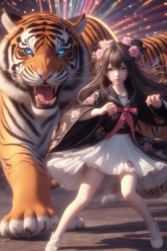 1girl, tiger, blue eyes, colorful, white skirt, skirt, solo, chinese zodiac, flower, looking at viewer, year of the tiger, standing, black hair, sailor collar, fighting stance, pleated skirt, hair flower, hair ornament, long hair, long sleeves, nengajou, full body, waves, multicolored hair, new year, wide sleeves<lora:kim_画虎_v1:0.9>