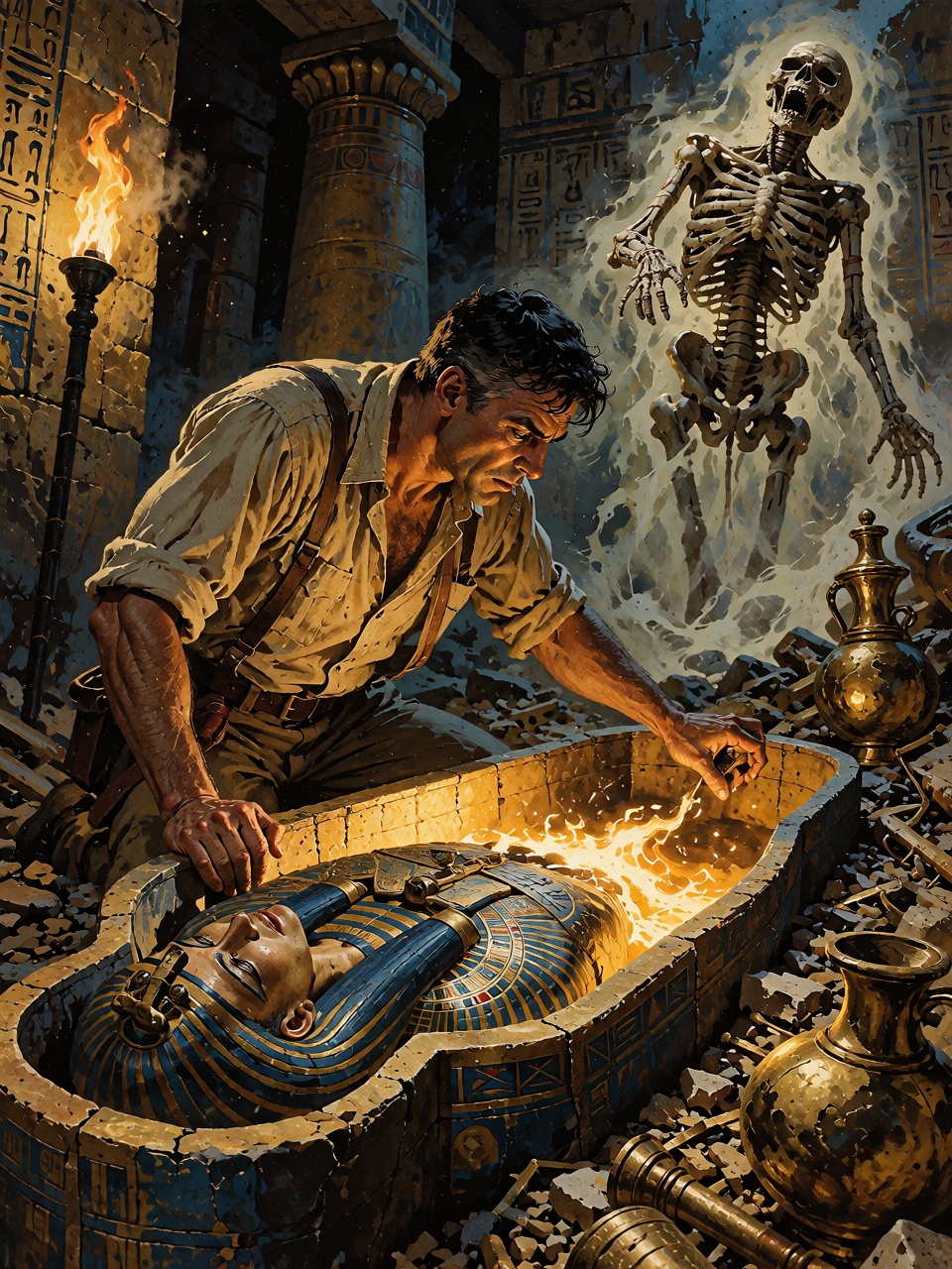 A rugged archaeologist opening an ancient Egyptian sarcophagus as a spectral mummy rises behind him,  golden artifacts sca...