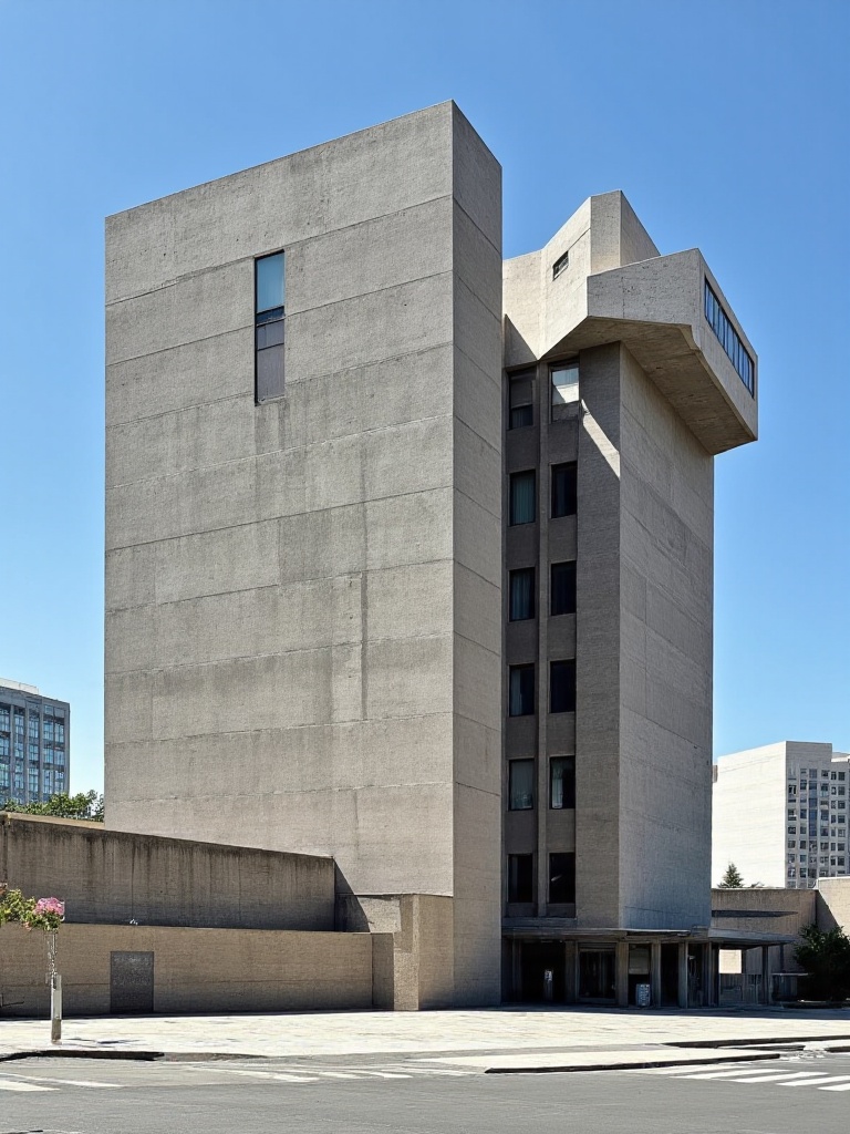 A Brutalist bank headquarters with a fortress-like concrete exterior featuring minimal openings and a recessed ground floo...