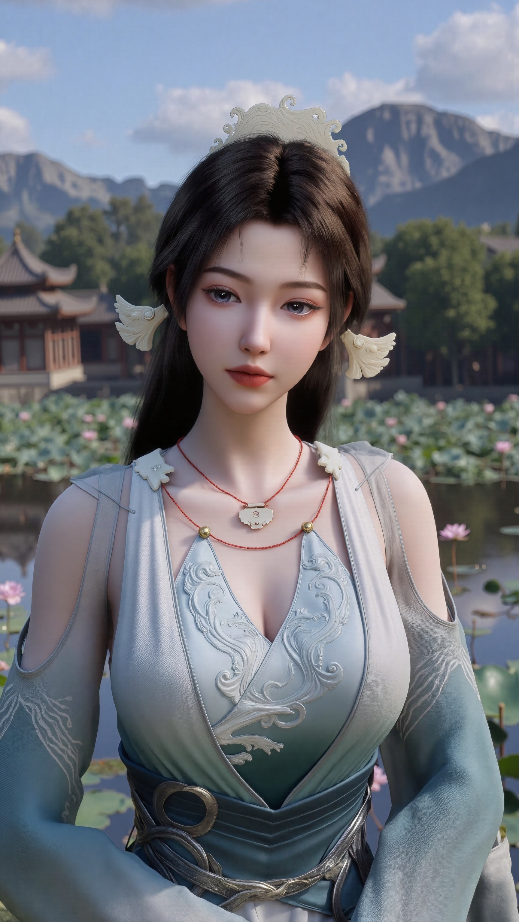 XsongyuYK,Xmupeiling,XlqyFHK,Xhanfududou,large natural breast,XheguangzhefandiYK,sfw,(masterpiece, best quality:1.2),1girl,navel,solo,midriff,bare shoulders,hair ornament,(long hair),(High double ponytail:1.49),red lips BREAK (looking at viewer:1.39),chinese clothes,(light purple dress:1.36),(lace:1.28) BREAK blurry,solo focus,long hair,lips,daytime,lipstick,outdoors,standing,upper body,(huge breasts:2.99),(full breasts:2.99),background,solo,makeup,Xyunxiao,(Lotus,Water Lily,Blue sky,full moon:1.39),(Lotus pond,ancient Chinese architecture:1.39),