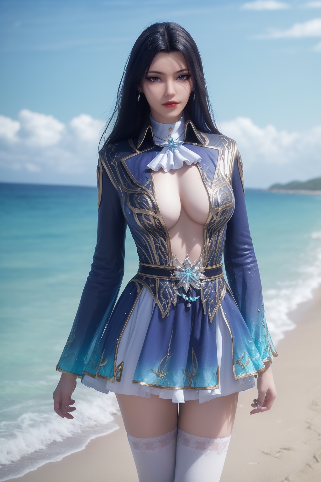 photo_\(medium\),(8k, RAW photo, best_quality),(masterpiece:1.2),(realistic:1.2),(photorealistic:1.3),(ultra-detailed),(extremely_detailed_cg_8k_wallpaper),(crystal_texture_skin:1.3),(shiny:1.2),(shiny_skin:1.4),(extremely_delicate_and_beautiful),shenfengLingLuoChen,1girl,solo,dress,ascot,skirt,torogao,breasts,large breasts,white thighhighs,long sleeves,standing,jewelry,hair ornament,lips,realistic,looking at viewer,Summer,Beach,Sea,sunshine,<lora:shenfengLingLuoChen_20240512215006-000006:0.7>,