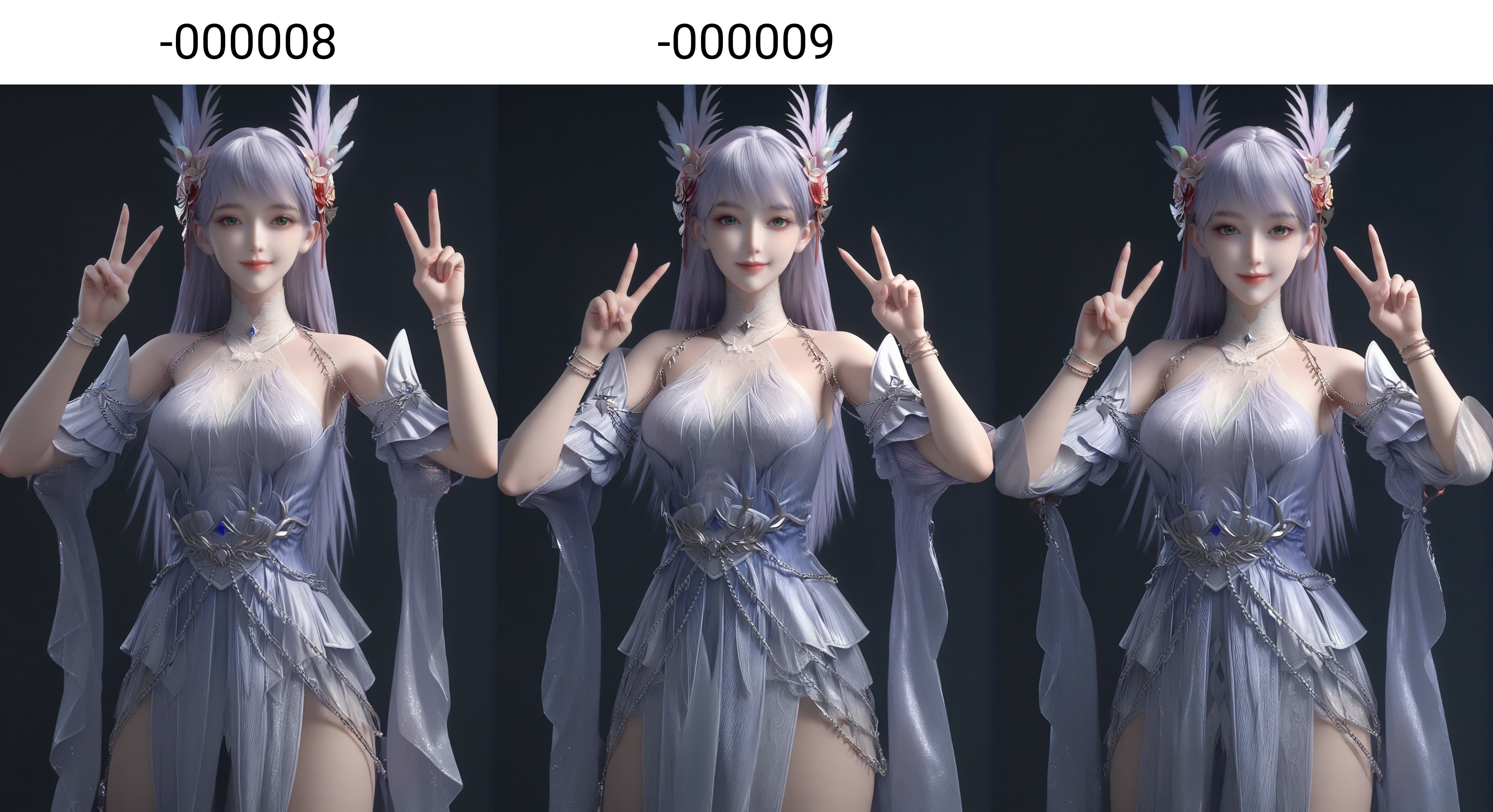(score_9),<lora:林玥-apony-000008:0.83>,lingziyue,long hair,feather hair ornament,hair ornament,hair flower,bangs,detached collar,jewelry,dress,detached sleeves,bare shoulders,green eyes,light blush,(looking at viewer),(front view),(cowboy shot),belt,pelvic curtain,chain_beads,1girl,solo,<lora:Expressive_H-000001:0.8>,collarbone,(glamor:1.2),(double_v:1.3),light smile,(white_skin),(fair_skin:1.1),<lora:e肤色滑块:0.35>,ultra-detailed skin texture,detailed textures,BREAKsimple background,(black background),