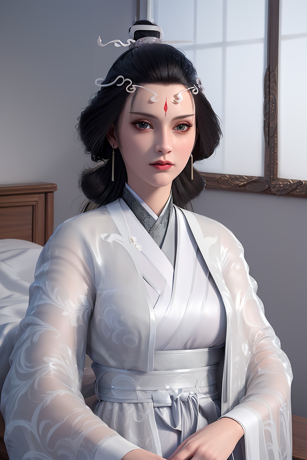 3D,masterpiece,(best quality),(makeup),official art, extremely detailed cg 8k wallpaper,((crystalstexture skin)), (extremely delicate and beautiful),(highly detailed),(face),(tiara),(collar),(hairpin),(wide_sleeves),(1girl), (solo), (jewelry), (earrings),(black_hair),(long_hair),(hair_ornament),(handwear),(breasts),((upper_body)),((closed_mouth)),(long_dress),(shiny_clothes),((hanfu)),(city,indoor,bed),,((looking_at_viewer)),((Facing the camera)),, <lora:hipoly3DModelLora_v10:0.3>