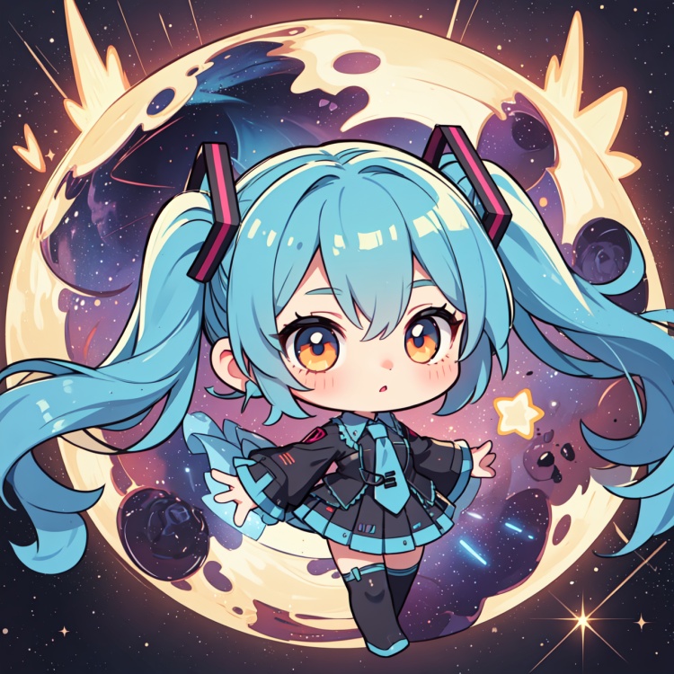 chibi,hatsune miku,full body,1girl,in space,stars,nebula,glowing body,glowing eyes,flying hair,visually stunning,beautiful,gorgeous,Colorful portraits,multicolored,, masterpiece,best quality,very aesthetic,absurdres,