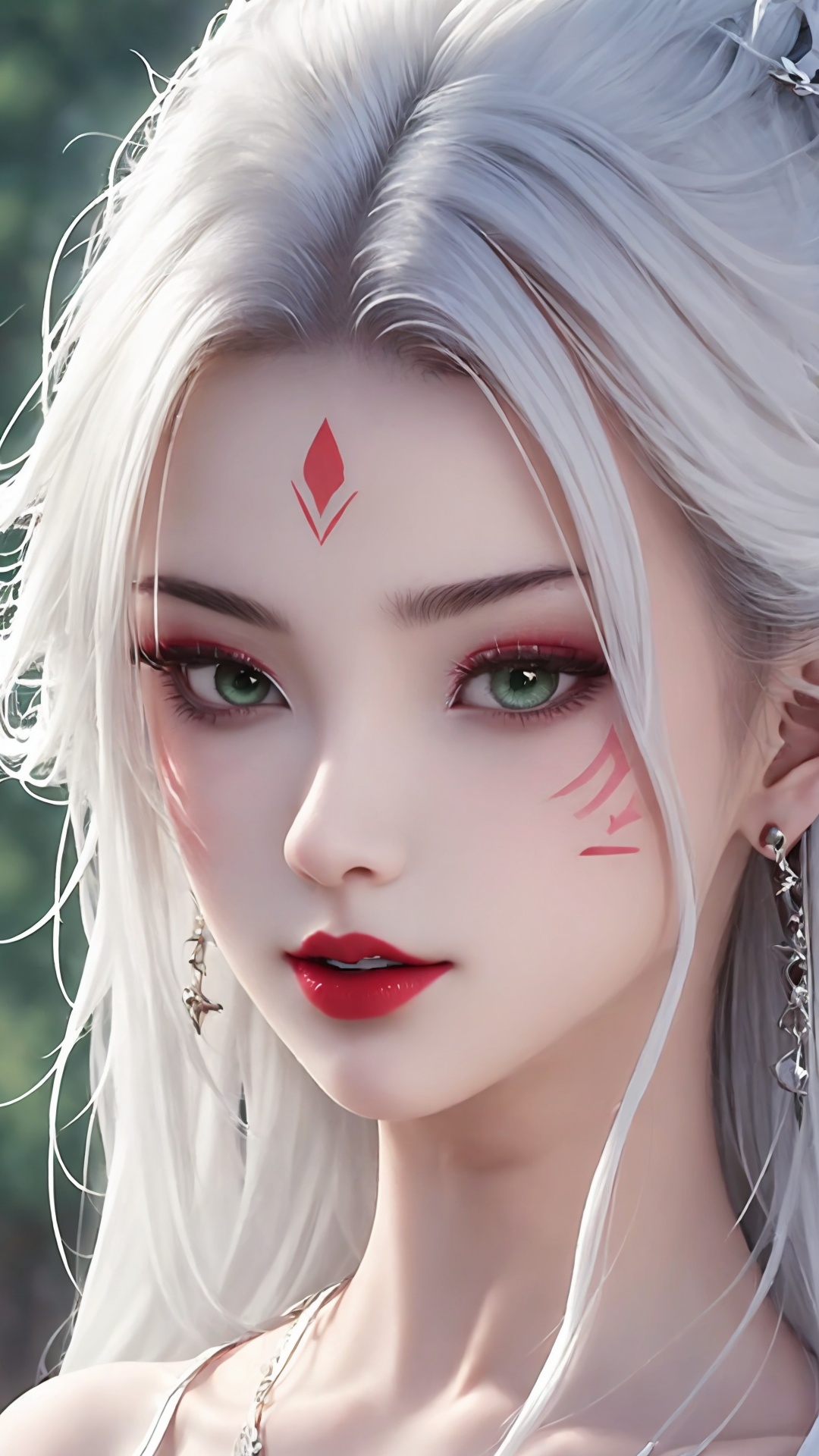 1girl,solo,green eyes,long hair,white hair,looking at viewer,facial mark,lips,blurry,portrait,forehead mark,red lips,bare shoulders,closed mouth,makeup,<lora:girl miaojiangxiaobai_20240912173536:0.7>,