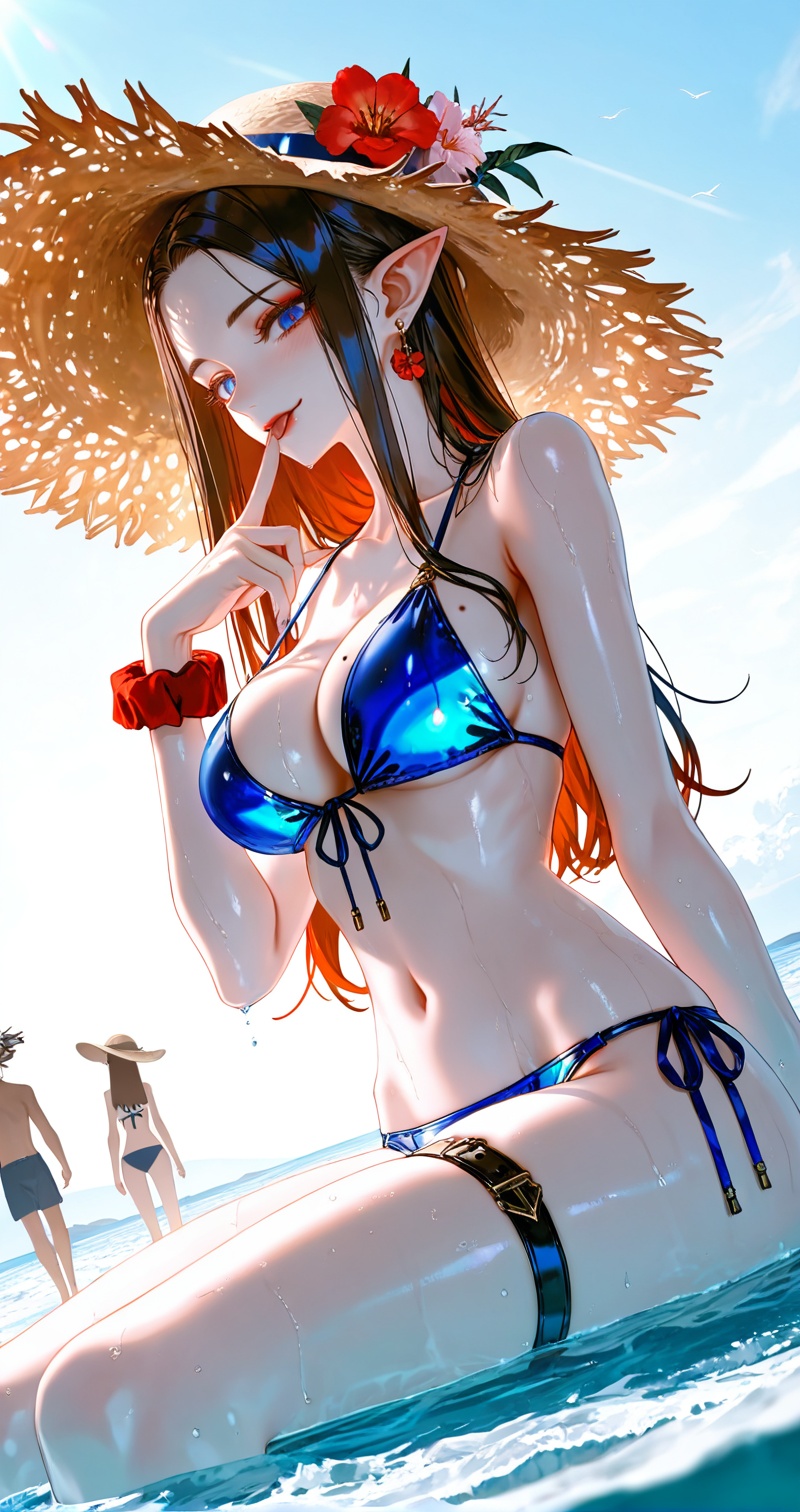 <lora:美杜莎-0.0819:0.7>,meidusha,1girl,pointy ears,solo,long hair,earrings,jewelry,curvy,mature_female,black hair,forehead,hair ornament,looking at viewer,brown hair,blue eyes,red lips,makeup,swimsuit,breasts,bikini,hat,tongue out,outdoors,large breasts,navel,tongue,hat flower,cleavage,solo focus,wrist scrunchie,flower,looking at viewer,blue bikini,day,side-tie bikini bottom,stomach,thigh strap,blush,wet,scrunchie,finger to mouth,smile,mole on breast,sun hat,:p,sitting,collarbone,sunlight,front-tie top,sky,front-tie bikini top,thighs,blurry,mole,water,string bikini,straw hat,blue sky,close-up details,outstanding style,adding a touch of dimension to your images without compromising details,whirls of vapor,iridescent textures,(Anime:1.1),ethereal ambiance,delicate details,magical high-concept,32K UHD,sharp focus,best-quality,masterpiece,golden hour,unconventional supreme masterpiece,masterful details,temperate atmosphere,with a high-end texture,in the style of fashion photography,photography,cover,dynamic angle,dynamic posture,(artist:quasarcake:0.8),extreme aesthetic,(wlop:0.6),(honjou raita, lack, rella:0.5, wanke),masterpiece,best quality,good quality,very aesthetic,absurdres,visual impact,a shot with tension,ultra-high resolution,32K UHD,sharp focus,best-quality,masterpiece,emotionalization,unconventional supreme masterpiece,masterful details,temperate atmosphere,with a high-end texture,in the style of fashion photography,(visual impact:1.2),giving the poster a dynamic and visually striking appearance,impactful picture,official art,colorful,splash of color,movie perspective,masterpiece,best quality,amazing quality,very aesthetic,absurdres,best quality,newest,