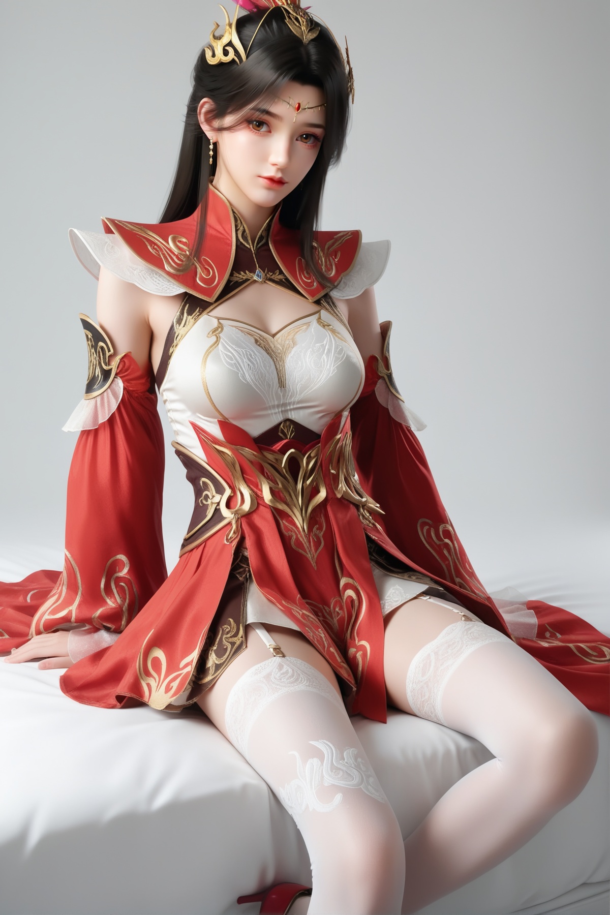 score_9,score_8_up,score_7_up,<lora:wy_xiaoxiao_XL7.0:0.8>,black hair,brown eyes,1girl,long hair,breast,medium breast,hair_ornament,dress,skirt,white_dress,red dress,white silk stockings,asymmetrical legwear,bare_legs,sitting,simple background,white_background,bed,looking_at_viewer,