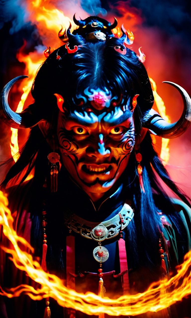 cinematic photo Chinese horror theme,traditional Chinese demon portrait, fiery halo, ram's horns, swirling long hair, intense gaze, mystical aura, stylized watercolor flames, vibrant folklore imagery, vivid expression, ancient regalia, embodiment of power.<lora:Horror_ghost:1>,  . 35mm photograph, film, bokeh, professional, 4k, highly detailed