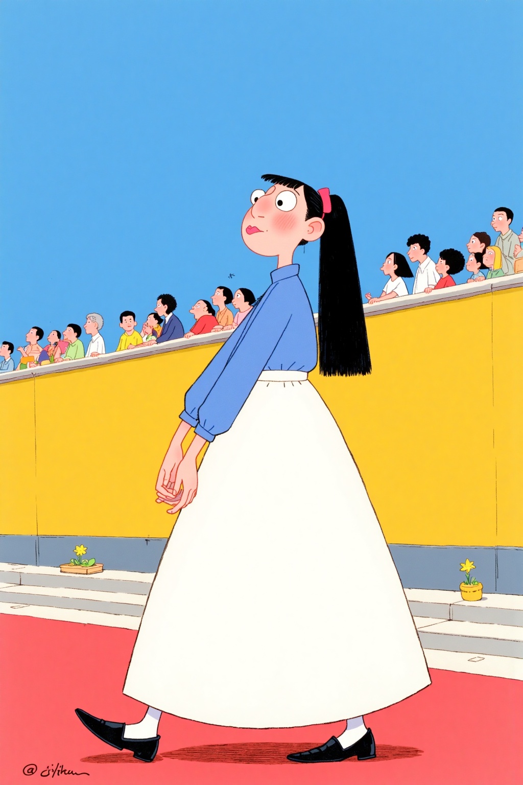 beijihui,A cartoon drawing of a woman in a long white skirt with a blue shirt and black shoes. The woman has long black hair that is pulled back in a ponytail. She is standing on a red carpet that is in front of a yellow wall. There are people sitting on the wall behind her. The sky is a bright blue color.,