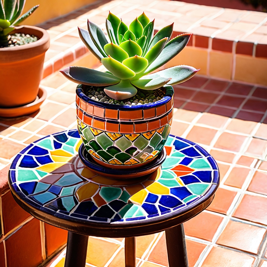 scenemexictiled,  a small potted succulent,  colorful Mexican tiled courtyard table on Tensor.Art