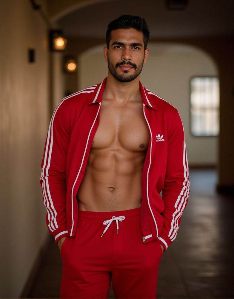 Harman Singha ,  realistic photo in a worn ((skin-revealing skimpy erotic red tracksuit. massive pecs)). big pecs. big arm...