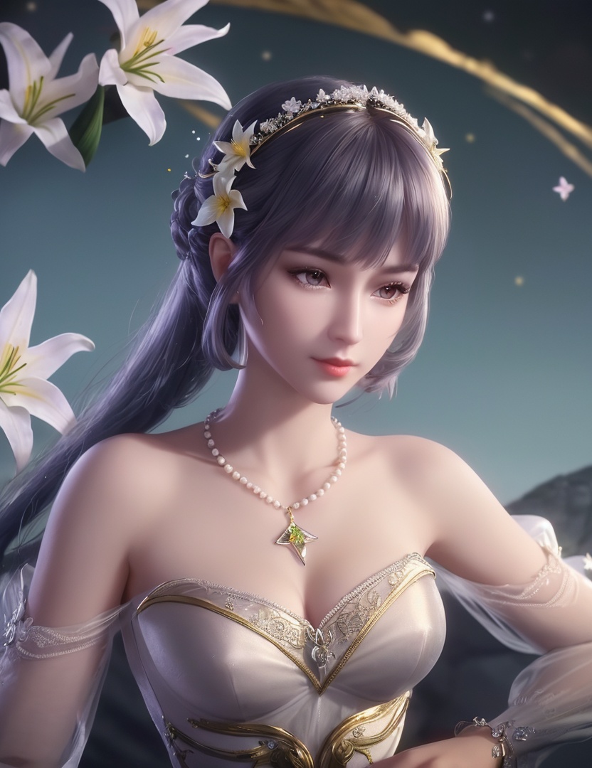ultra realistic 8k cg, picture-perfect face, flawless, clean, masterpiece, professional artwork, famous artwork, cinematic lighting, cinematic bloom, perfect face, beautiful face, fantasy, dreamlike, unreal, science fiction,   lace, lace trim, lace-trimmed legwear,  (rich:1.4), prestige, luxury, jewelry, diamond, gold, pearl, gem, sapphire, ruby, emerald, intricate detail, delicate pattern, charming, alluring, seductive, erotic, enchanting, hair ornament, necklace, earrings, bracelet, armlet,halo((,1girl, pov,))  ((, 1girl, solo, star_\(symbol\),lily \(flower\),hair flower, dress, jewelry))<lora:DA_BaiChenXiang:0.6>