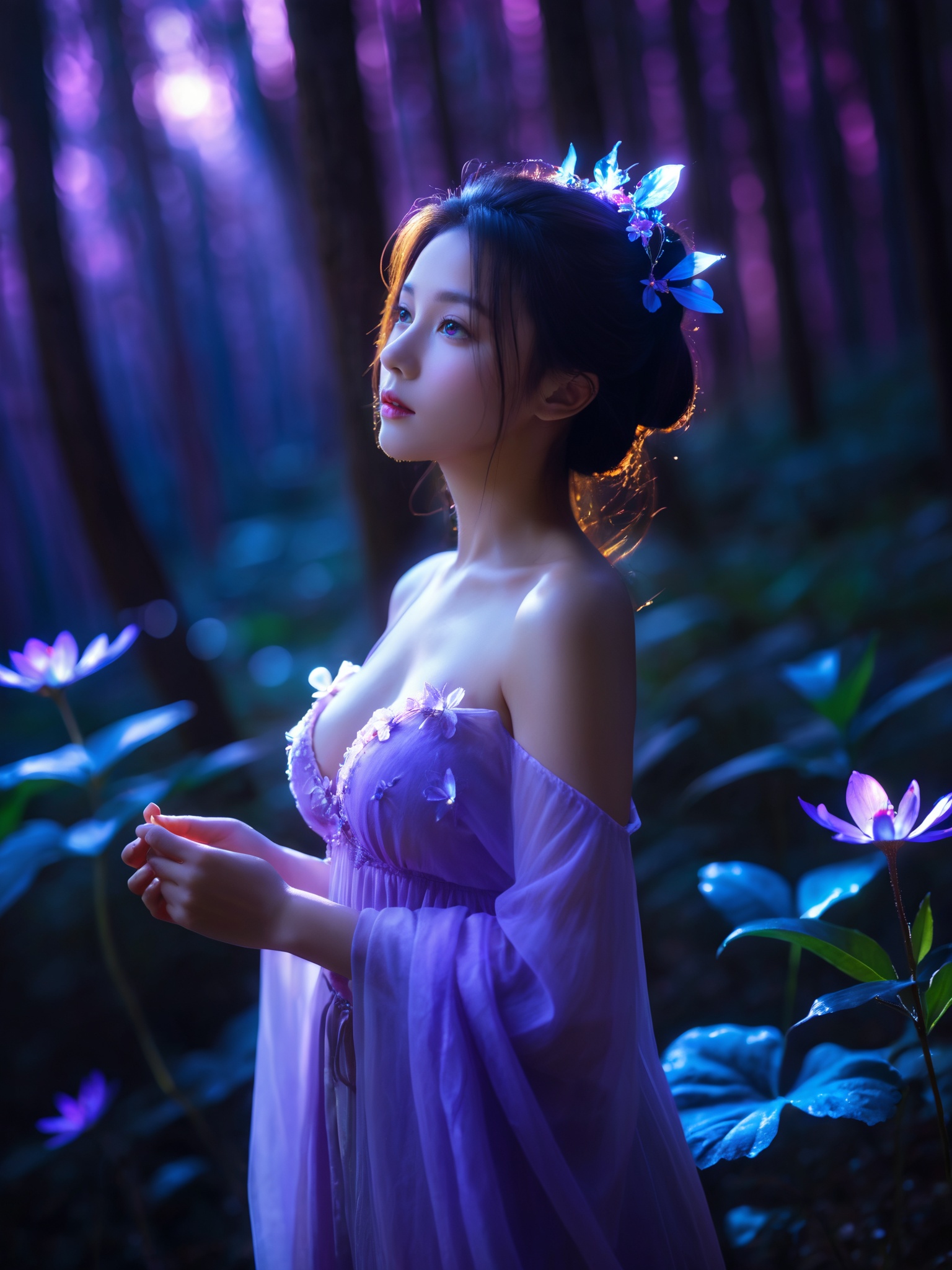 1girl,hanfu,bare_shoulders,breasts,bioluminescent purple flower,fabulous night forest,magical radiance,Concept art,depth of field,Raw photo,realistic,cinematic lighting,soft shadows,sharp focus,fractal,colorful,depth of field,best quality,16k resolution,vivid colors,volumetric lighting,