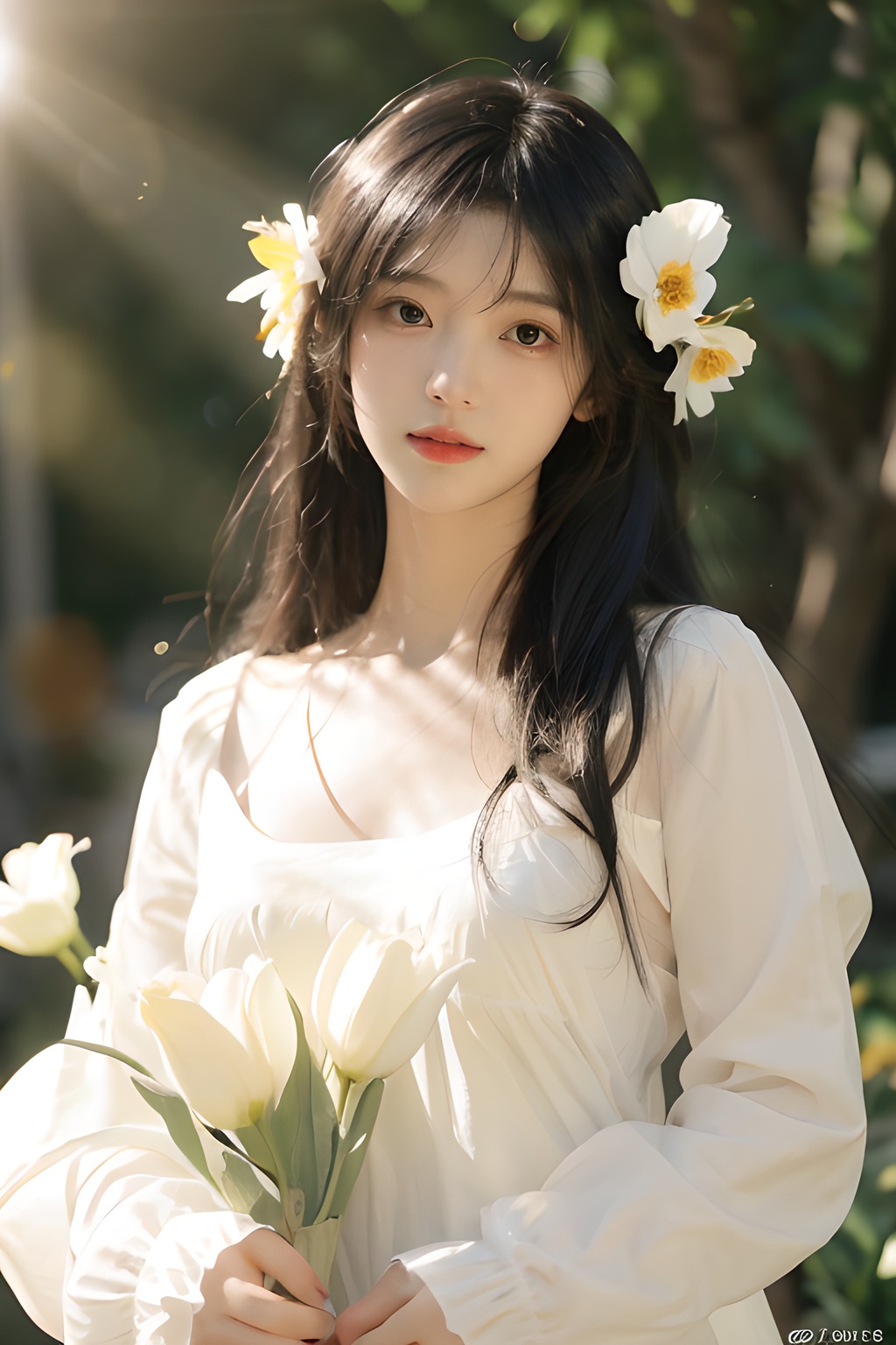 1girl, solo, black hair, black eyes, flower,Light, (sunlight:1.4), blurry background, long hair, bangs, blurry, upper body, hair flower, closed mouth, hair ornament, realistic, long sleeves, blunt bangs,  white dress, lips, white shirt, <lora:YG青春阳光女孩:0.85>,