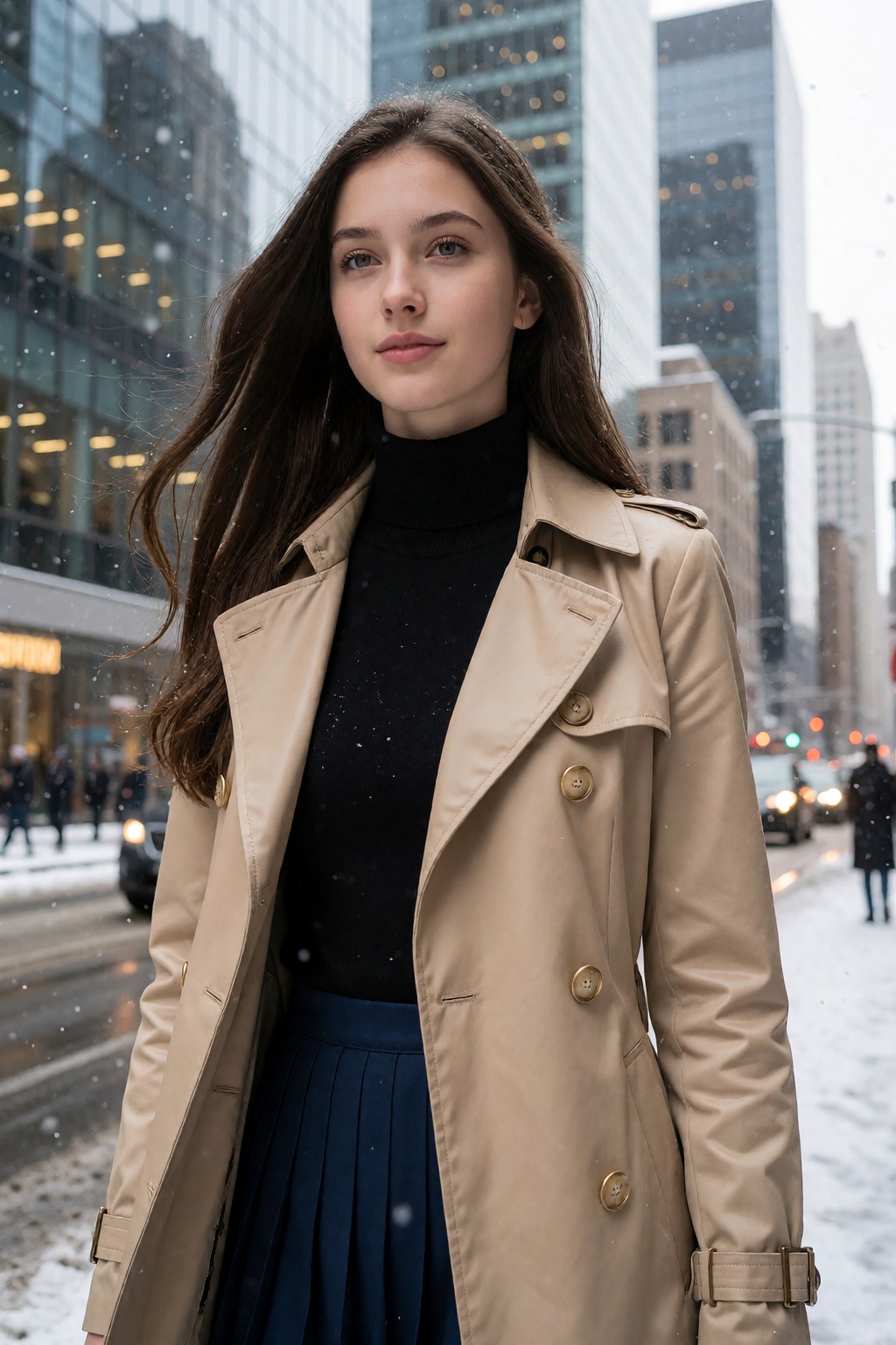 This is a high-resolution photograph of a young Caucasian woman standing on a bustling city street,  with snowflakes gentl...