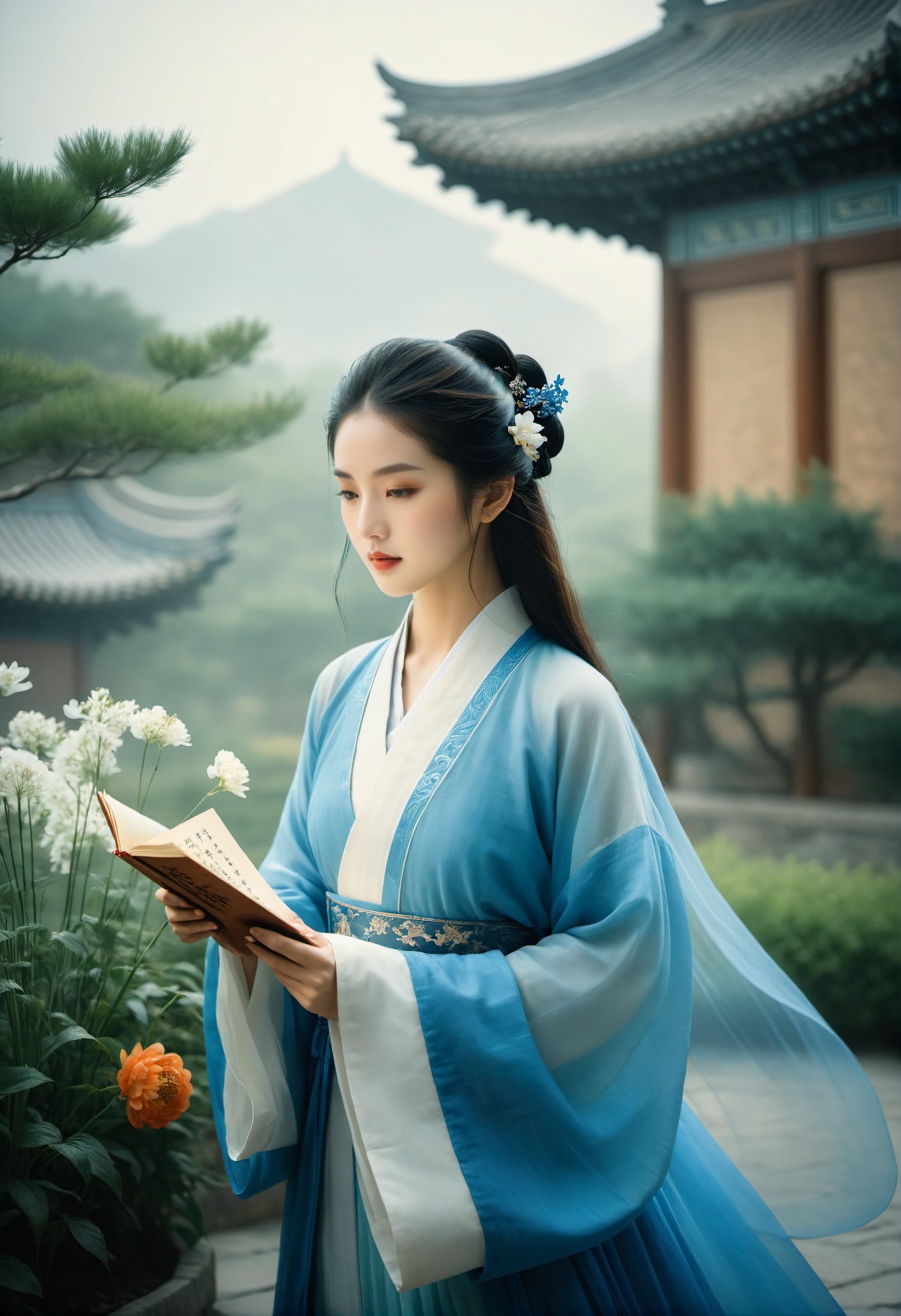 In the courtyard of ancient Chinese architecture,  holding a paper,  (She engages in poetry exchanges in a study or a gard...