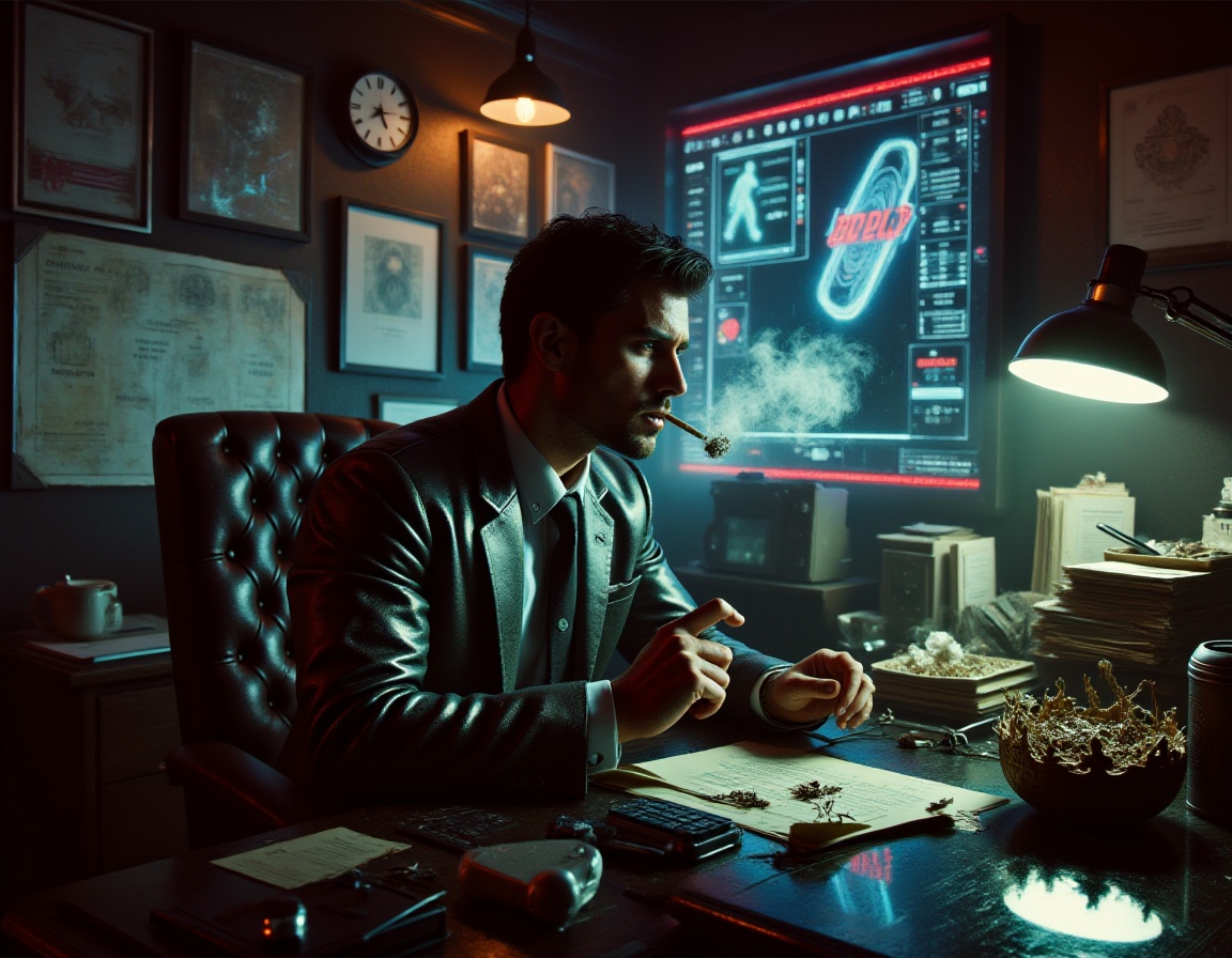 photography of a p.i. in his bureau smoking a cigarette,  filled ashtray on his desk. neon lights,  cyberpunk noir on Tens...
