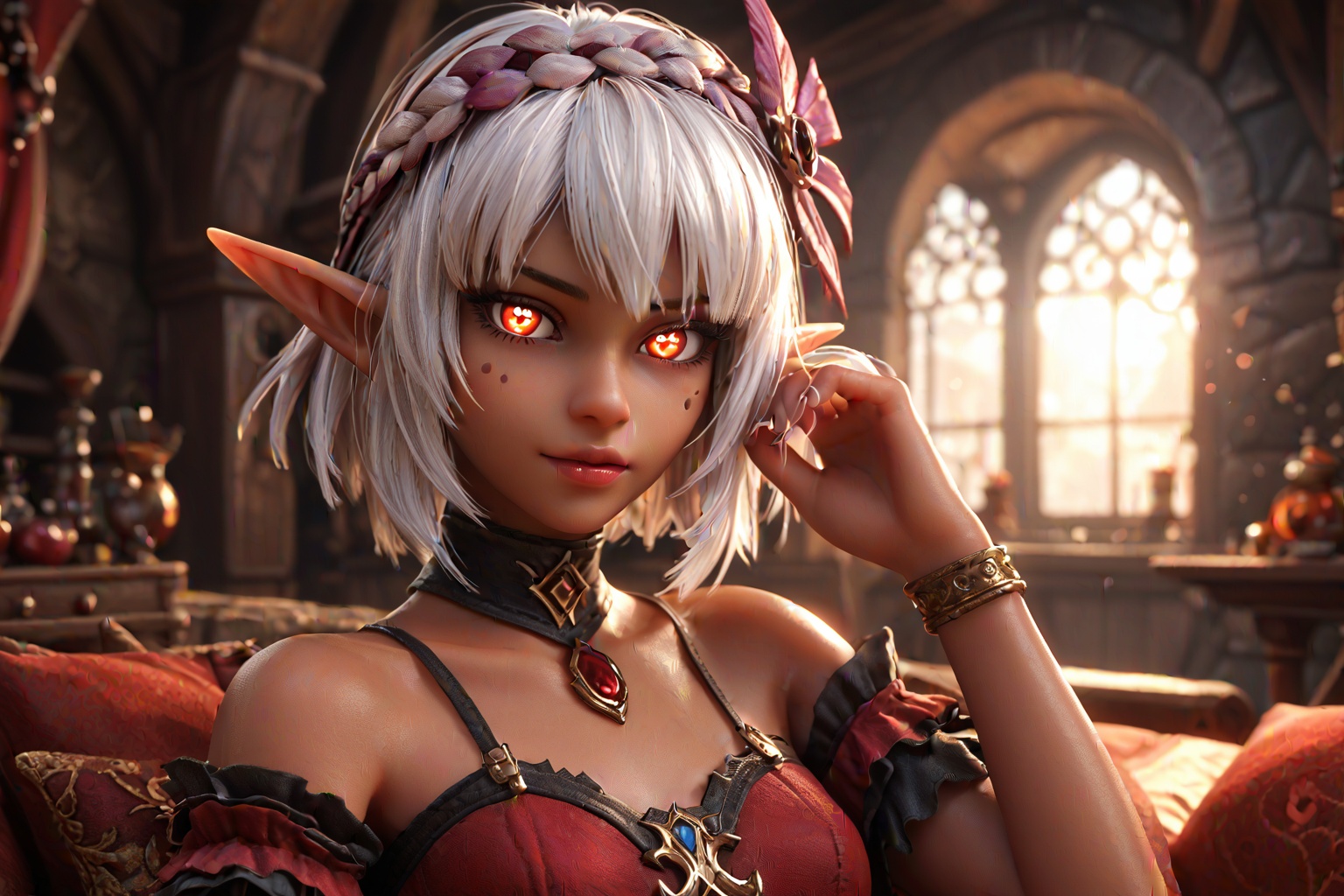 score_9, score_8_up, score_7_up, BREAK, rating_safe, dark elf, dark dungeon, interior, bedroom eyes, evil, sorcerer, skimpy, red theme, glowing eyes, looking at viewer, magick on hand, lens flare, portrait, dark fantasy, rpg, detailed, depth of field, vignette, highly detailed, moody, epic, gorgeous, film grain, grainy