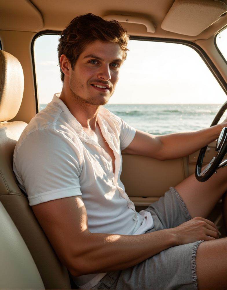 danielsharman ,  male focus. shirtless smiling. editorial. empathetic eyes. sitting in the passenger seat of a car. natura...