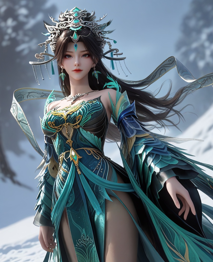 (skiing:1.1),looking at viewer,(large breasts:1.2),<lora:XL16云深不知梦燕倾霏青玉殿圣女:0.95>,miss yanqingfei,blue and green tiered gown,black hair,long hair,hair ornament,traditional chinese updo,earrings,jewelry,hagoromo,necklace,wide flowing sleeves,sheer petticoat,, score_9,score_8_up,score_7_up,score_6_up,score_5_up,score_4_up,3d rendering,tag1,tag2, Cinematic Lighting,backlighting,