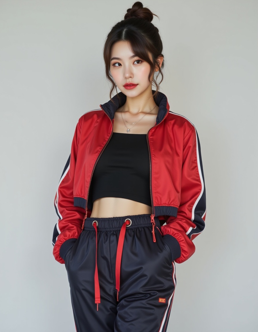 a real picture of a south korea woman,In Cropped windbreaker and track pants with side snaps,