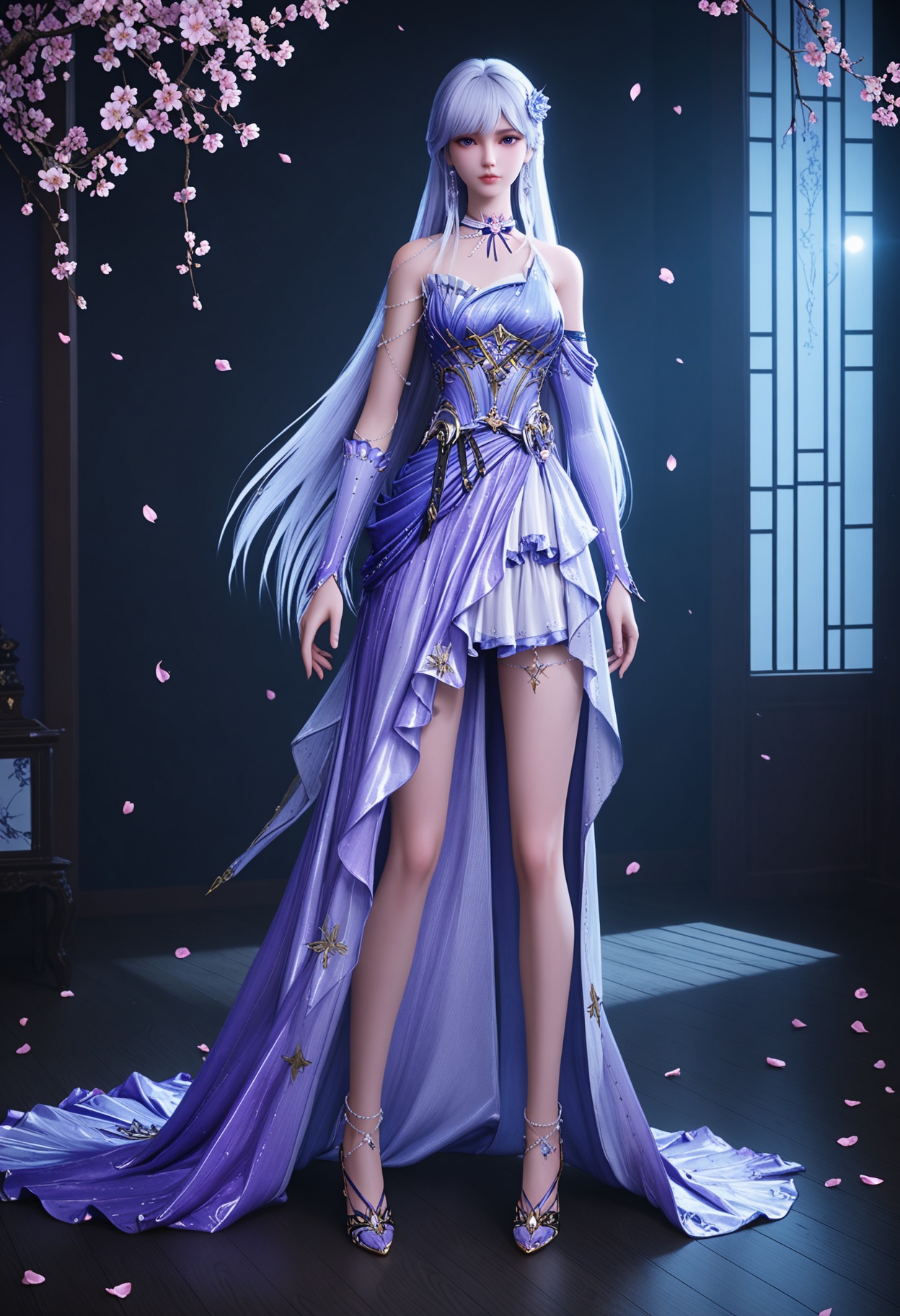(full_body:1.4),(looking at viewer:1.1),facing viewer,direct gaze,(masterpiece:1.1),(best quality:1.2),(intricate details),(smog:1.3),(Dark room:1.3),(dim lighting:1.3),peach blossom,falling petals,<lora:YQ_Illustrious光辉v5_圣采儿_服装6_V1:0.8>,1girl,q1528437228,solo,long hair,jewelry,hair ornament,earrings,dress,purple eyes,white hair,choker,high heels,necklace,blue hair,blue eyes,purple hair,masterpiece,(best quality),(intricate details:0.9) BREAK (intricate details:0.9),(realistic skin:1.2),masterpiece,best quality,newest,absurdres,hiahres,