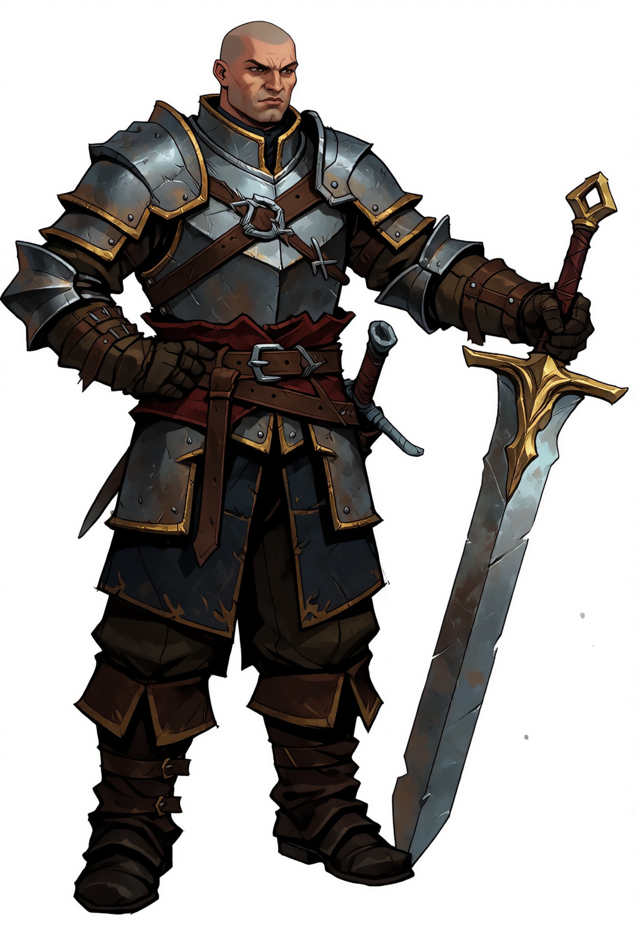 Dragon Age Tarot style.,  The image is a digital illustration of a man dressed in medieval armor. He is standing with his...
