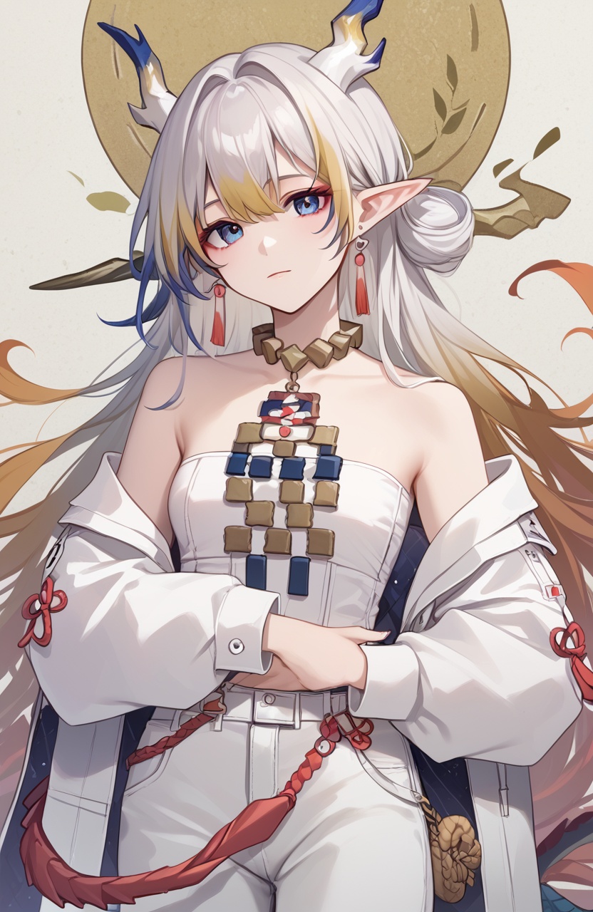 <lora:naipixa31-000019:0.0>,<lora:黍pony2:1>,arkshu,a girl named arkshu,1girl,solo,bare shoulders,tassel earrings,strapless shirt,off shoulder,open jacket,white shirt,long sleeves,looking at viewer,necklace,white pants,dragon tail,best quality,, (score_9,score_8_up,score_7_up),(masterpiece,best quality,high quality:1.2),absurdres,