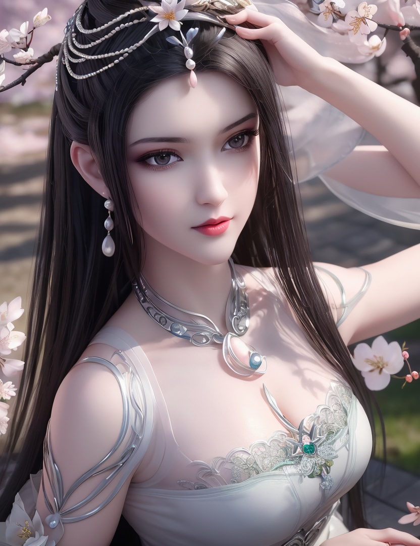 ultra realistic 8k cg, picture-perfect face, flawless, clean, masterpiece, professional artwork, famous artwork, cinematic lighting, cinematic bloom, perfect face, beautiful face, fantasy, dreamlike, unreal, science fiction,   lace, lace trim, lace-trimmed legwear,  (rich:1.4), prestige, luxury, jewelry, diamond, gold, pearl, gem, sapphire, ruby, emerald, intricate detail, delicate pattern, charming, alluring, seductive, erotic, enchanting, hair ornament, necklace, earrings, bracelet, armlet,halo((,1girl, pov,))  , ((((1girl, solo, ,cherry blossoms,outdoors, ))))<lora:DA_LinQingZhu:0.7>