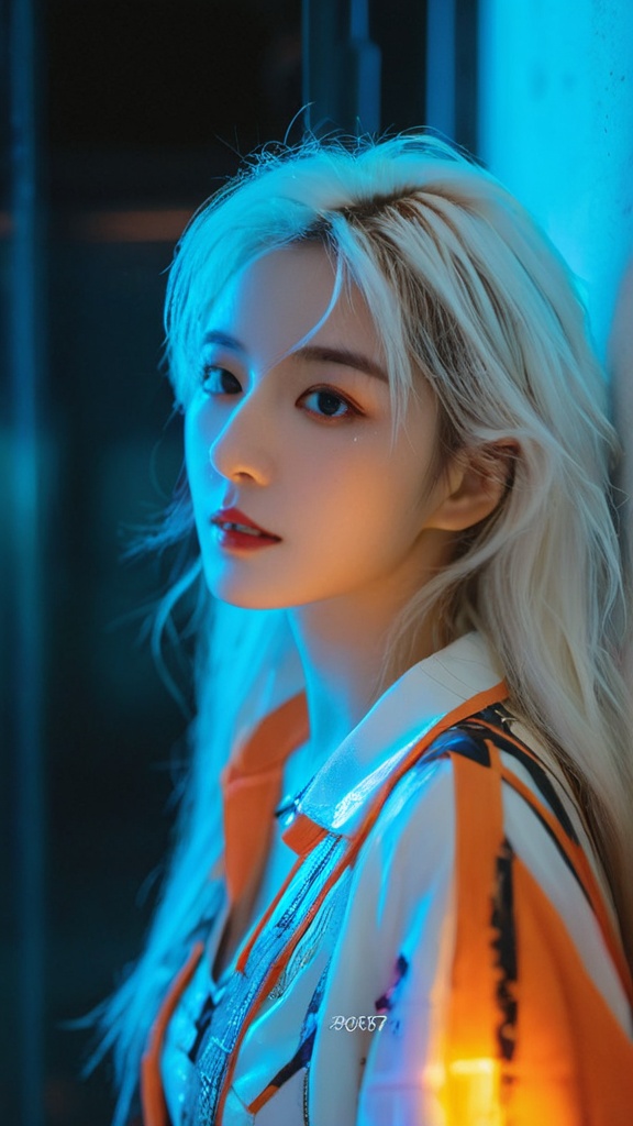 Cyberpunk,1girl,cyberpunk,neon lights,Masterpiece,high quality,(solo:1.2),((1girl)),(((human skeleton | girl))),(white hair:0.3),cinematic light,orange clothes,detailed environment,1girl,solo,reflection,upper body,sunlight,(White hair:1.2),very long hair,wide sleeves,Deep photo,depth of field,shadows,messy hair,seductive silhouette play,dark,nighttime,dark photo,grainy,dimly lit,bangs,Cinematic Lighting,Tyndall effect,abstract background,vibrant colors,modern style,artistic,dynamic composition,unique patterns,bold textures,colorful,lively,youthful,energetic,creative,expressive,stylish,trendy,white_marble_glowing_skin,