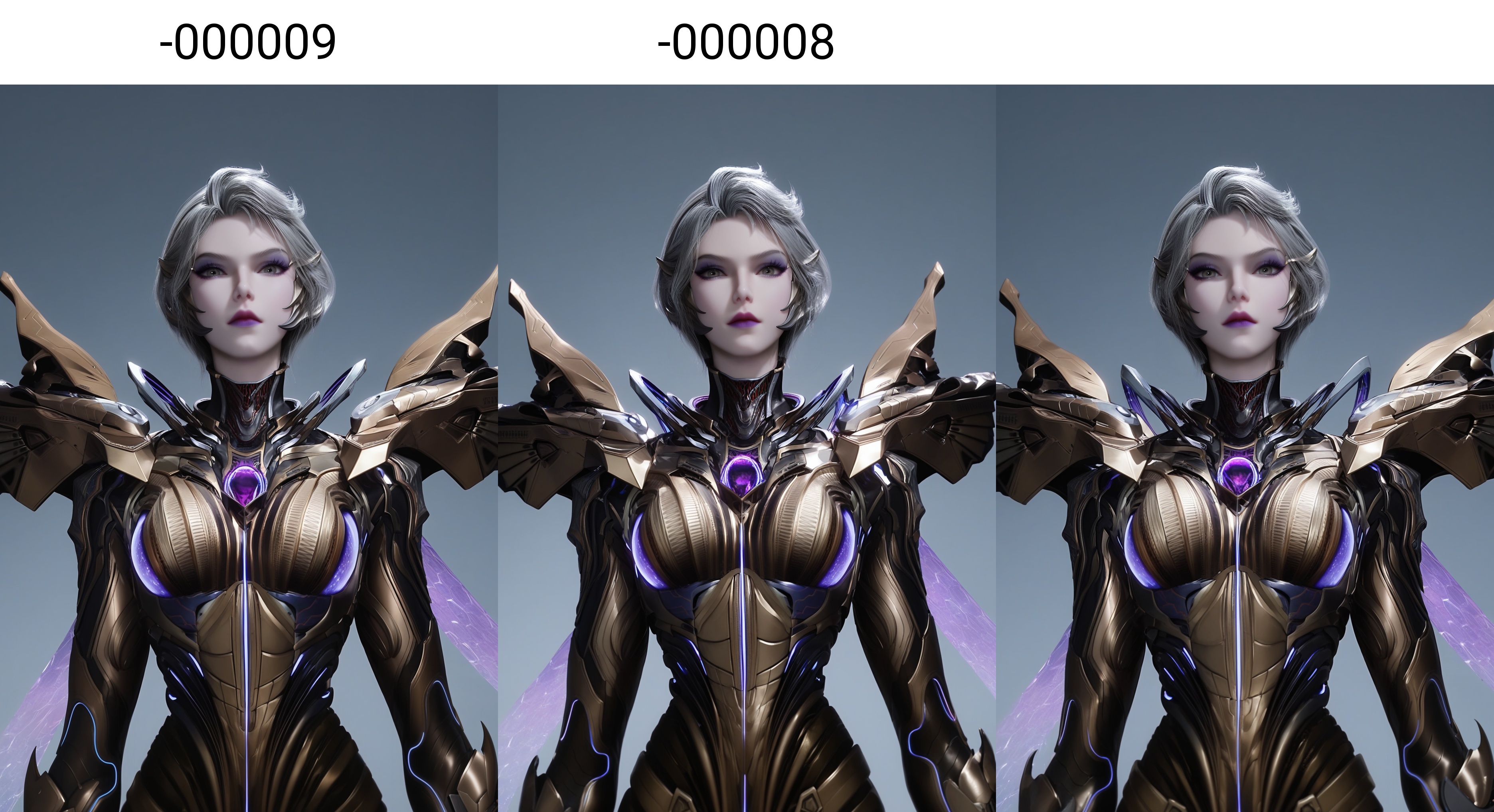 (score_9),cowboy shot,<lora:九皇女-apony-000009:0.82>,jhn,1girl,solo,short hair,grey hair,purple lips,eyeshadow,makeup,sci-fi suit,mechanical wings,bodysuit,tight,<lora:perfect eyes_v1:0.8>,light blush,Expressiveh,<lora:Expressive_H-000001:0.8>,collarbone,(glamor:1.2),curvy,BREAKlooking at viewer,front view,<lora:e肤色滑块:0.5>,fair_skin,(pale_skin),(white skin),<lora:e色温:0.35>,light skin,BREAKsimple background,grey background,ultra-detailed skin texture,detailed textures,4K ultra HD,sharp focus,high detail,natural lighting,high contrast,hearts,Volumetric Lighting,Tyndall effect,