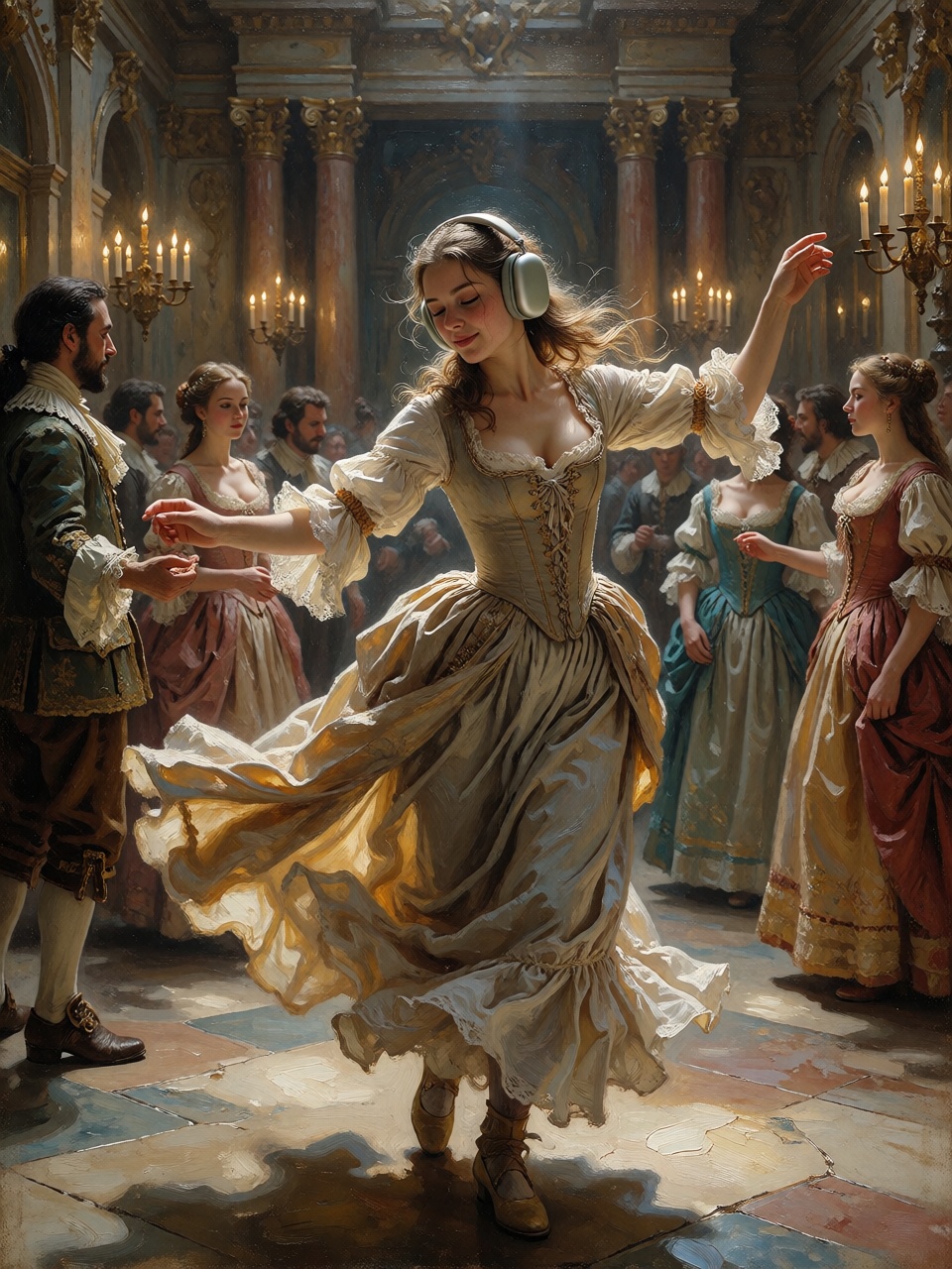Full-color classical-style oil painting with soft blended brushstrokes,  layered paint texture,  warm candlelit interior l...